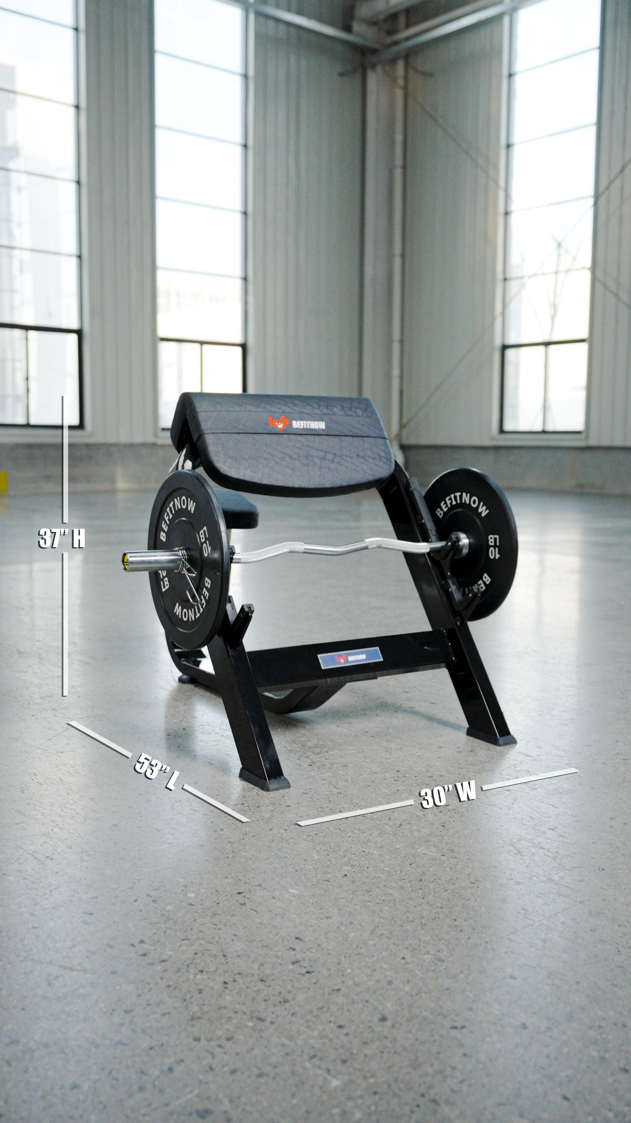 The BefitNow Canada Seated Preacher Curl Bench rests on a concrete floor in a sunlit gym. White lines show its dimensions—53"x30"x37"—making it ideal for focused arm workouts with barbells and weights.