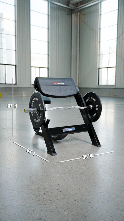 The BefitNow Canada Seated Preacher Curl Bench rests on a concrete floor in a sunlit gym. White lines show its dimensions—53"x30"x37"—making it ideal for focused arm workouts with barbells and weights.