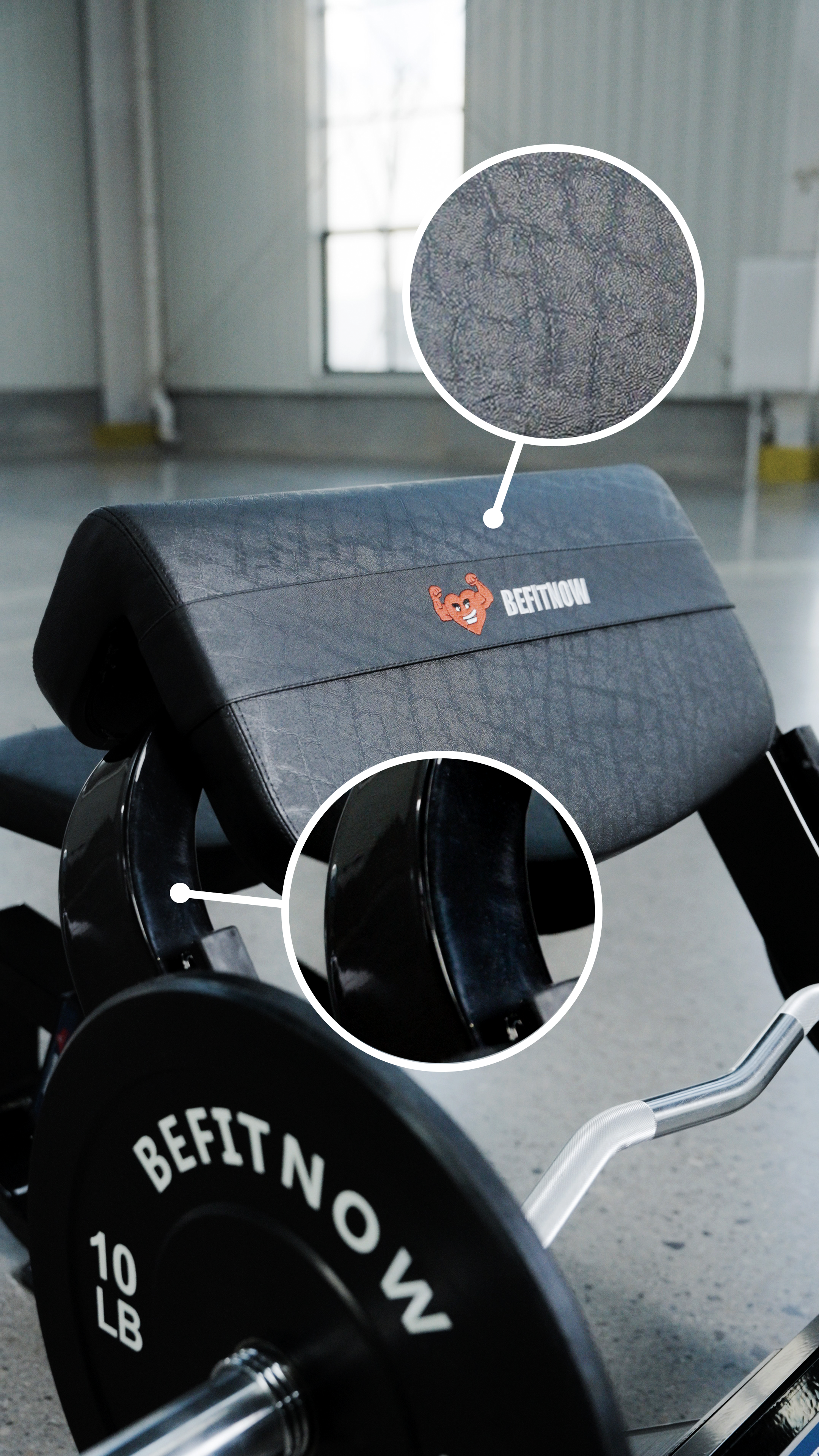 A close-up of a BefitNow Canada Seated Preacher Curl Bench highlights its textured black seat, sturdy metal frame, and 10 lb BEFITNOW weight plate. The bench measures 53"x30"x37" and is shown in a bright gym setting.