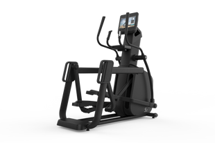 The Shua B9100ET Commercial Elliptical is a modern black machine with electromagnetic control, 40 self-generator resistance levels, a touchscreen display, handles, pedals, and a rounded base, all shown on a white surface.