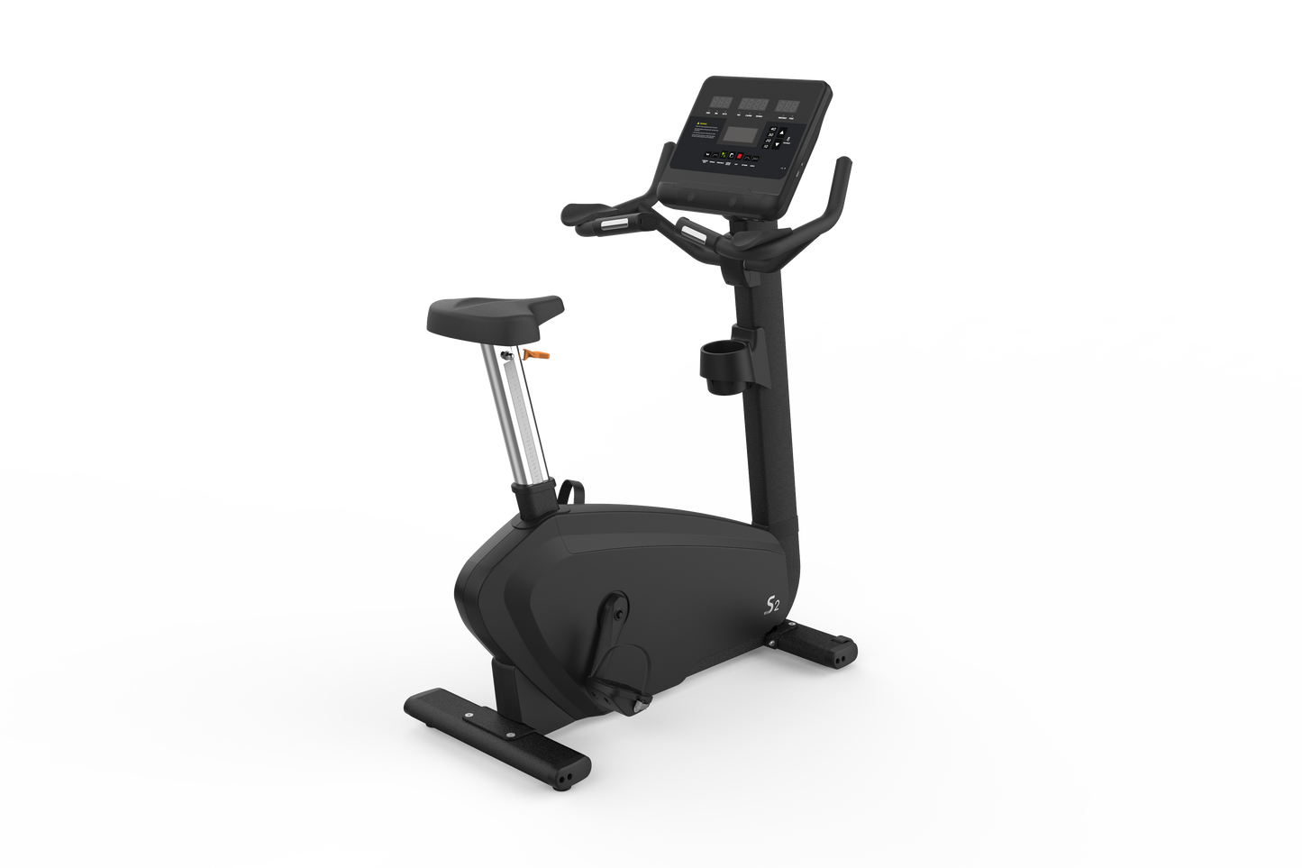 The Shua B9100U Commercial Upright Bike, in black, features electromagnetic control, an adjustable seat, and a digital display panel, shown on a white background.