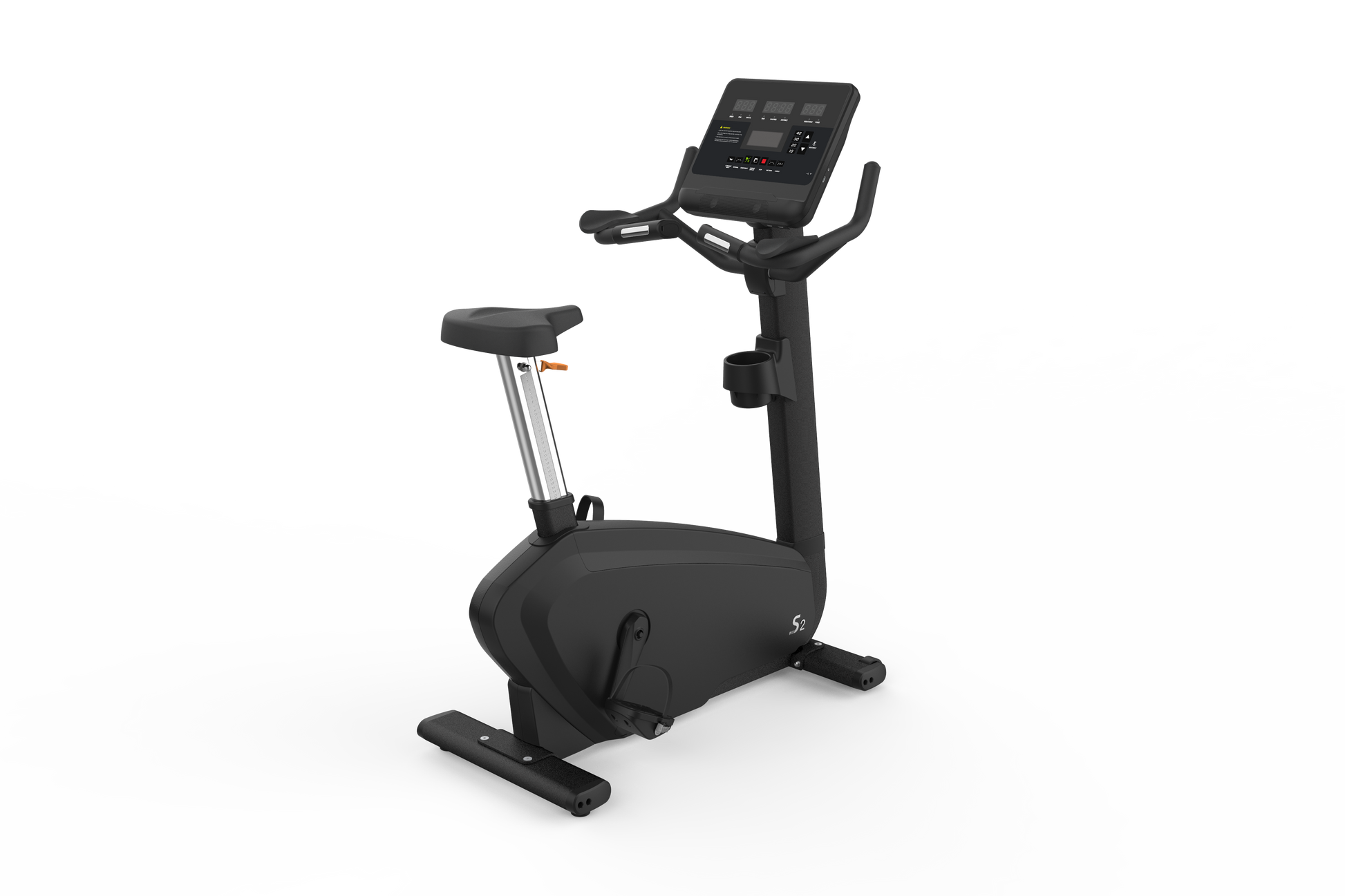 The Shua B9100U Commercial Upright Bike, in black, features electromagnetic control, an adjustable seat, and a digital display panel, shown on a white background.