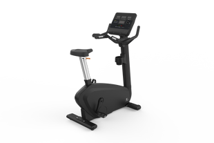 The Shua B9100U Commercial Upright Bike, in black, features electromagnetic control, an adjustable seat, and a digital display panel, shown on a white background.