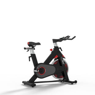 The Shua B8860SL Commercial Spinning Bike, featuring a magnetic flywheel and sleek black-red design, is positioned on a concrete floor against a black background.