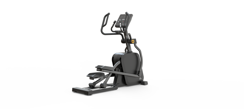 The Shua E800 Commercial Elliptical is a modern black fitness machine with electromagnetic controls, an LED screen, and handlebars, shown on a white background with a paint splash effect.