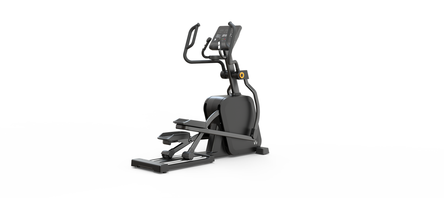 The Shua E800 Commercial Elliptical is a modern black fitness machine with electromagnetic controls, an LED screen, and handlebars, shown on a white background with a paint splash effect.