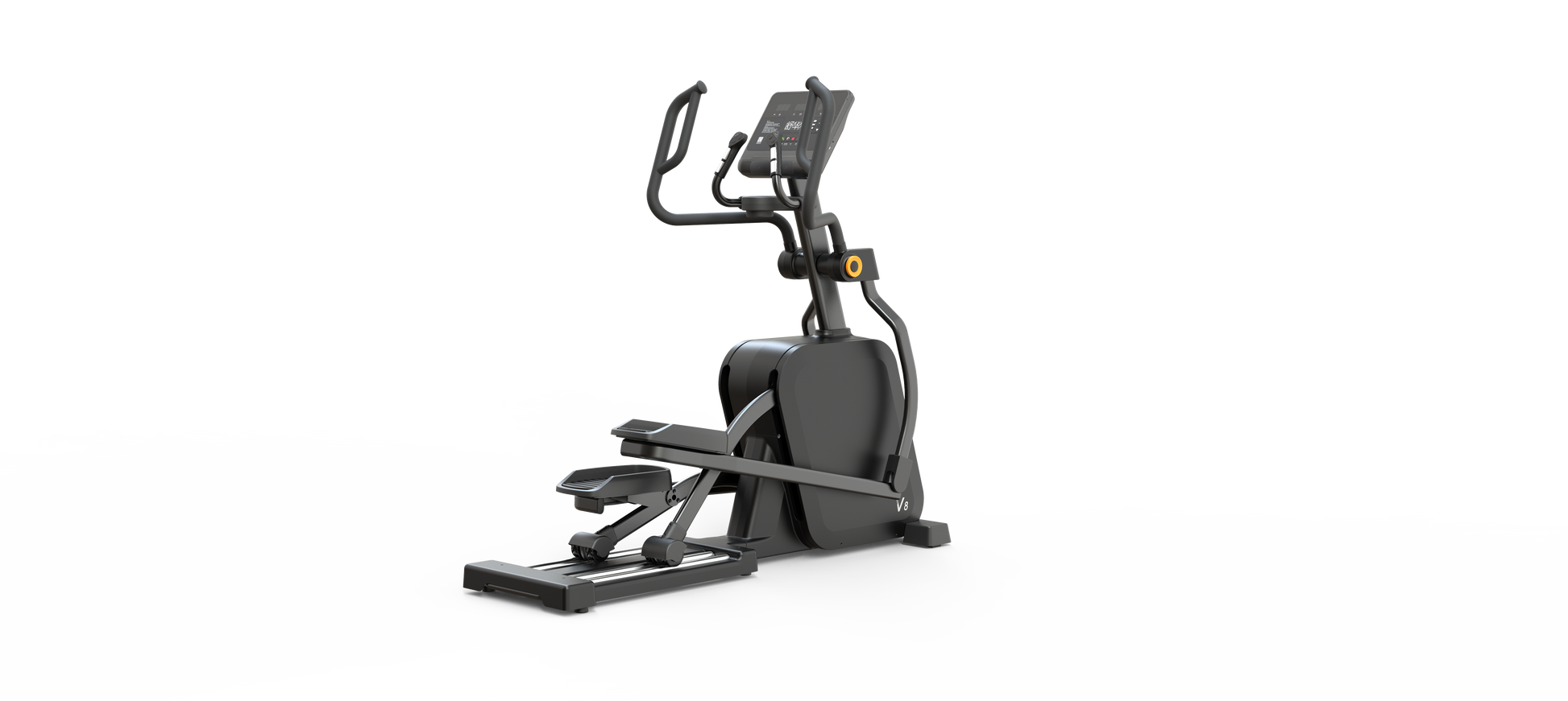 The Shua E800 Commercial Elliptical is a modern black fitness machine with electromagnetic controls, an LED screen, and handlebars, shown on a white background with a paint splash effect.