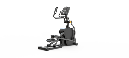 The Shua E800 Commercial Elliptical is a modern black fitness machine with electromagnetic controls, an LED screen, and handlebars, shown on a white background with a paint splash effect.