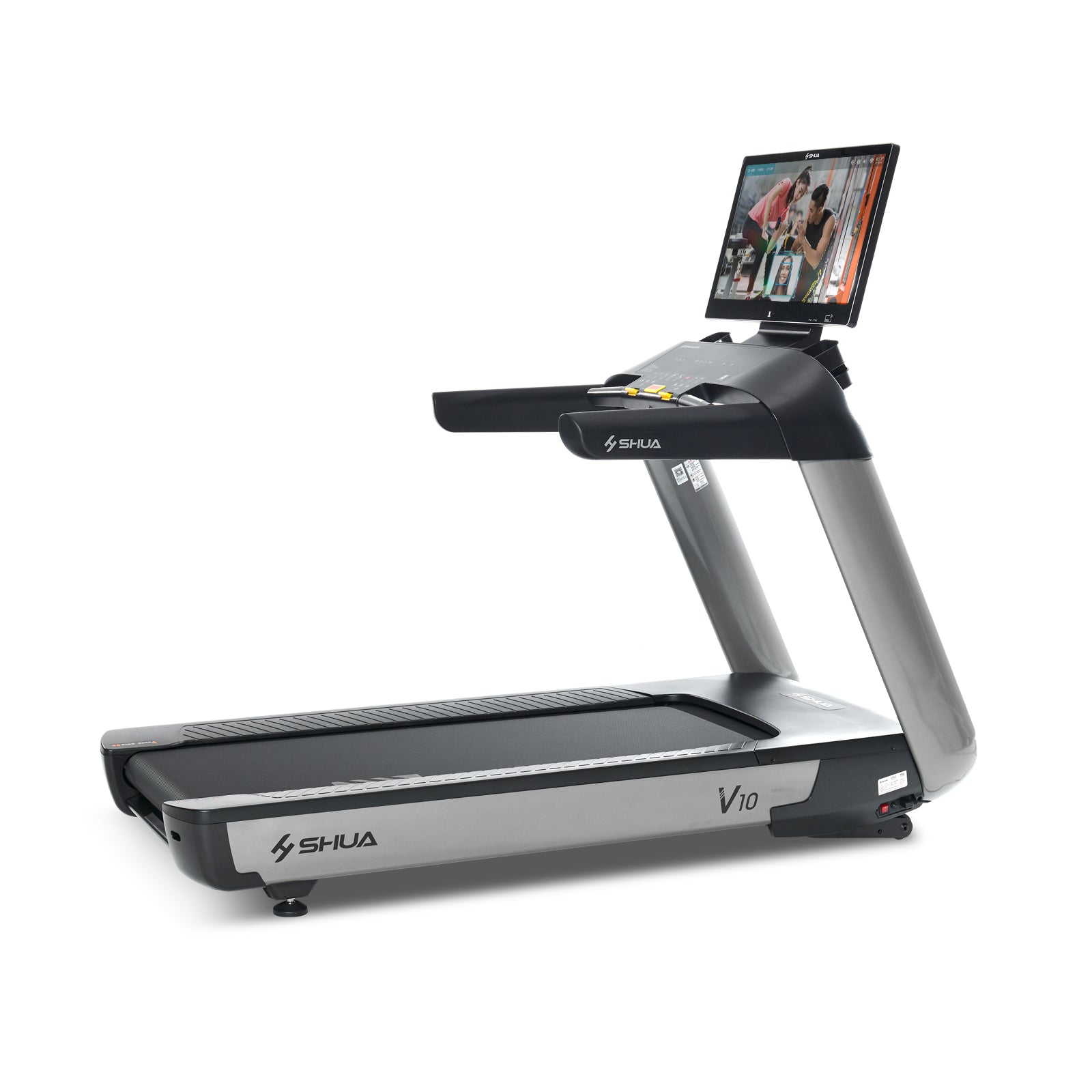 The Shua T9100T Commercial Treadmill features a sleek black and silver design and a large FHD screen displaying workout videos for a modern fitness experience.