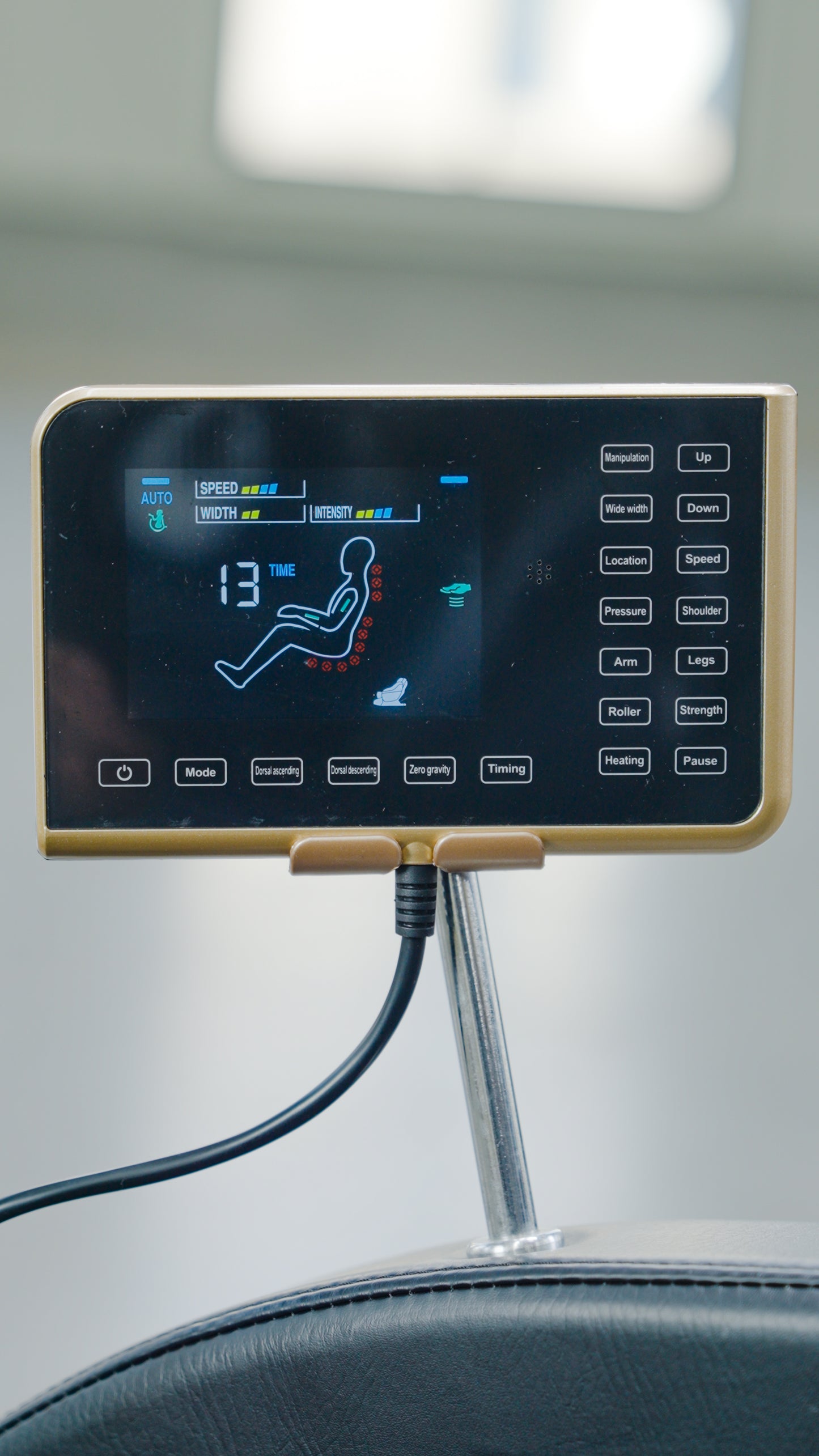 A close-up of the SL Full Body Commercial Massage Chair’s digital control panel by BefitNow Canada, displaying speed, width, intensity, and timer settings with body area icons and adjustment buttons.