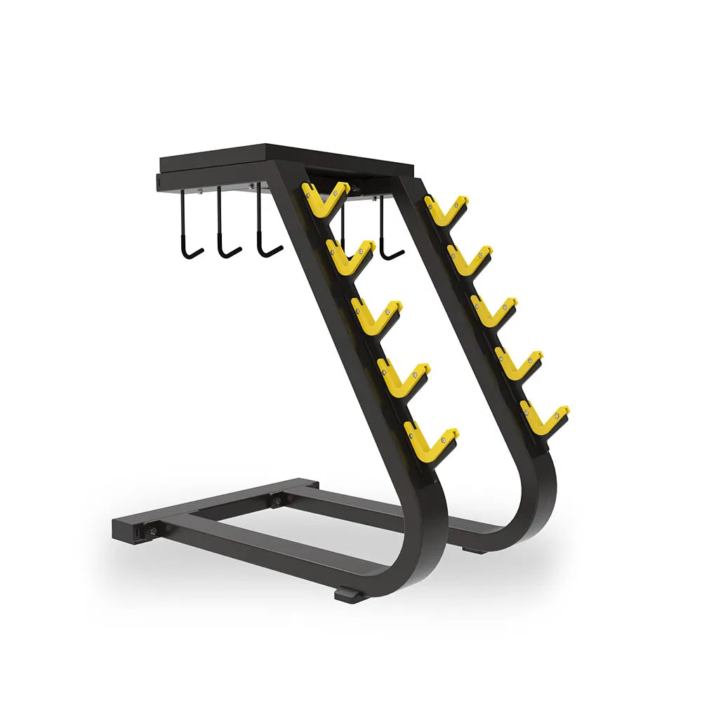 The BefitNow Canada TB53 Handle Rack is a black metal freestanding rack with two slanted arms, each holding four yellow weight holders and multiple hooks under a flat top panel, offering compact organized gym storage.