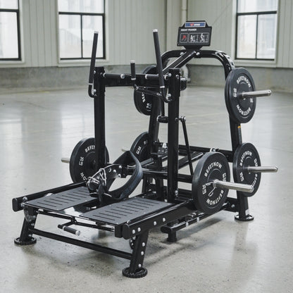 The BefitNow Canada Commercial Belt Squat Trainer, a black multifunctional fitness machine with weights and foot platforms, stands in a spacious gym with concrete floors and large windows.