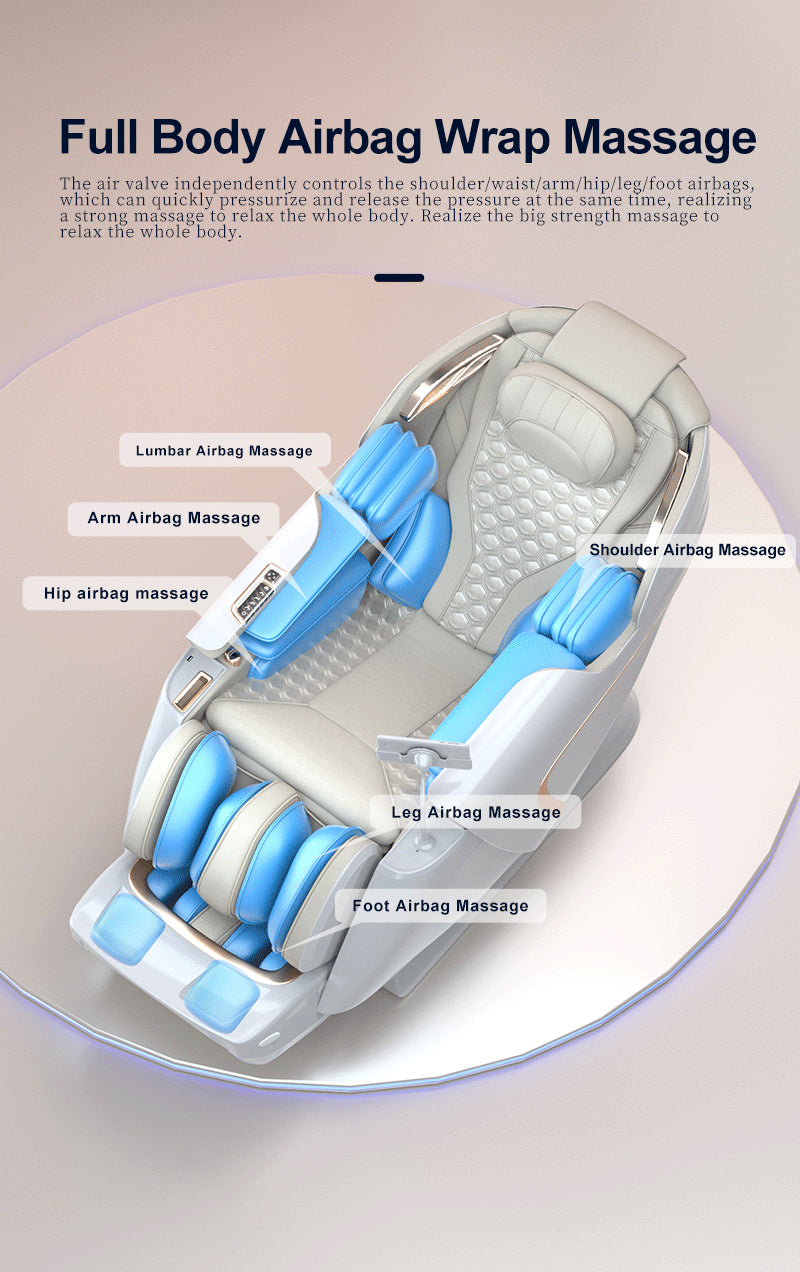 BefitNow Canadas T80 Massage Chair features a space capsule design with labeled airbags for shoulders, lumbar, arms, legs, and feet, offering a full body wrap massage in a futuristic white and blue reclining chair.