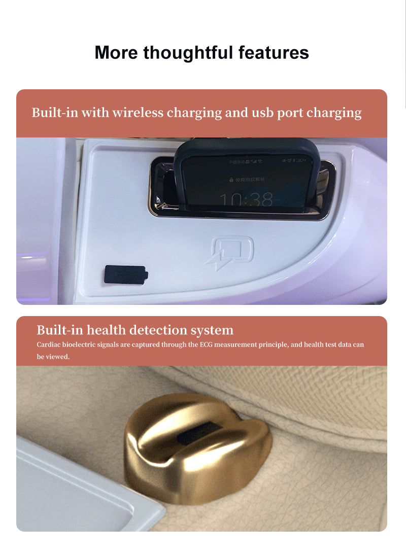 A brochure from BefitNow Canada features a wireless charging station with 10:38 on a phone and highlights a gold device for ECG using cardiac bioelectric signals. Enjoy relaxation in the T80 Massage Chair, showcasing a space capsule design and 4D manipulator technology.