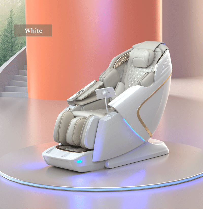 Introducing the BefitNow Canada T80 Massage Chair, a high-tech marvel with 4D manipulator technology and space capsule design. This sleek white chair on a circular platform features multiple cushioned sections and ambient blue lighting against an earthy-tone backdrop—a true epitome of futuristic relaxation.