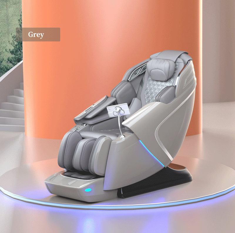 The BefitNow Canada T80 Massage Chair in modern grey, featuring an extended SL Track and multiple cushions, is showcased on a sleek white platform with blue accent lighting against a curved orange wall and gray staircase.