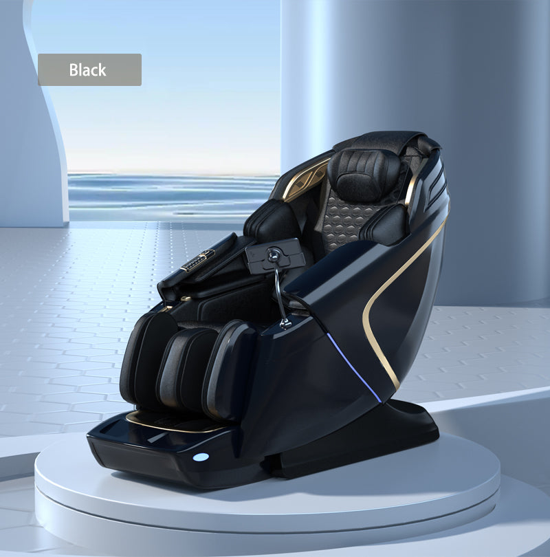 A T80 Massage Chair by BefitNow Canada sits on a circular platform in a futuristic setting, highlighting its black and gold design. Equipped with 4D manipulator technology and quilted cushioning, it defines comfort amid sleek, curved architecture overlooking an ocean view.