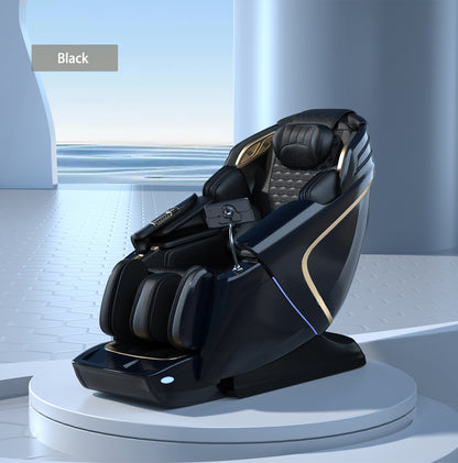 A T80 Massage Chair by BefitNow Canada sits on a circular platform in a futuristic setting, highlighting its black and gold design. Equipped with 4D manipulator technology and quilted cushioning, it defines comfort amid sleek, curved architecture overlooking an ocean view.