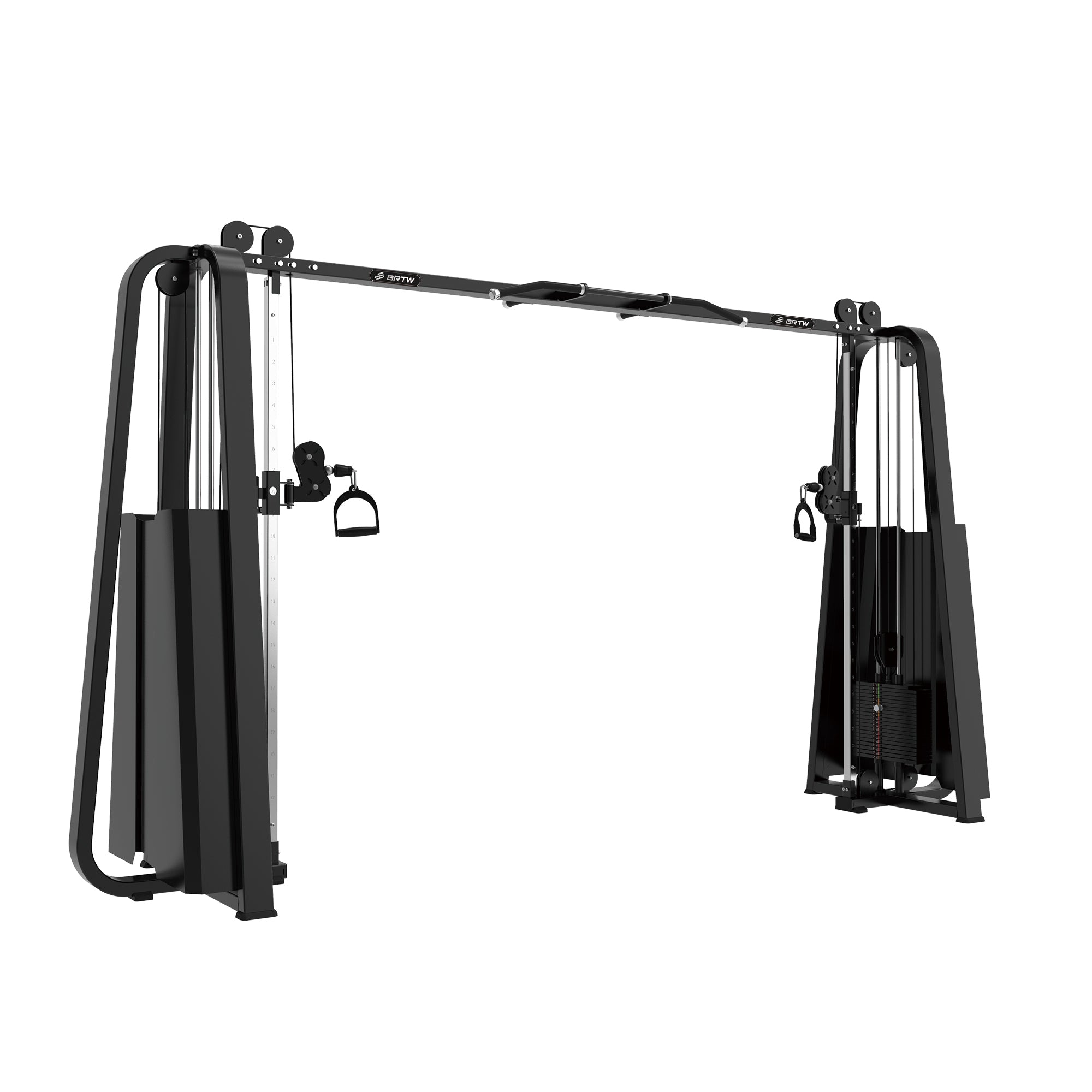 The TB15 Adjustable Crossover by BefitNow Canada has a sleek black frame, dual adjustable pulleys, a 728lbs weight stack, and versatile handle attachments for various exercises—all in a compact design.