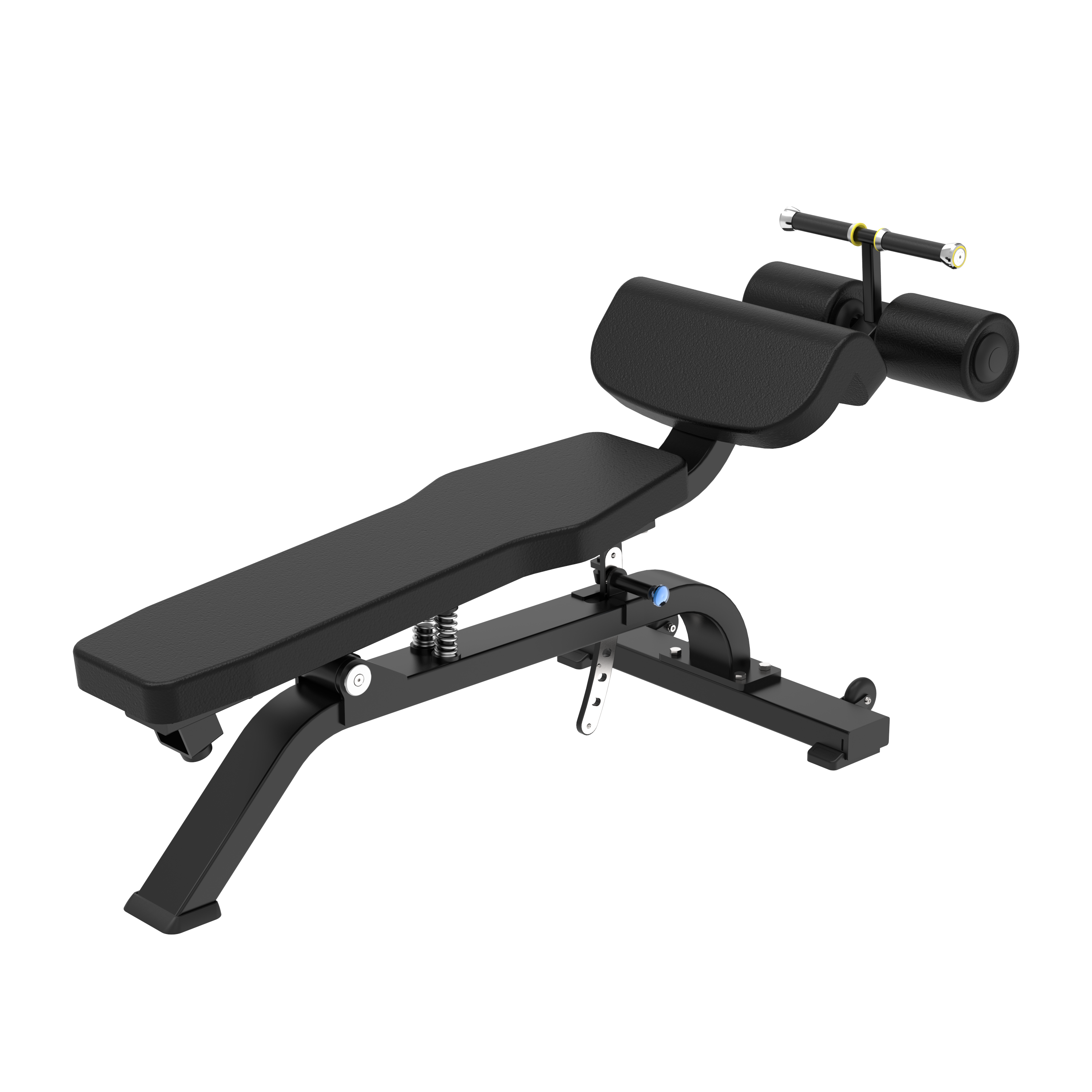 The BefitNow Canada TB37 Adjustable Abdominal Bench, in black, features a padded backrest, seat, and foot rollers, shown inclined on a white background. Dimensions: 65"x26"x30"; weight: 106lbs.