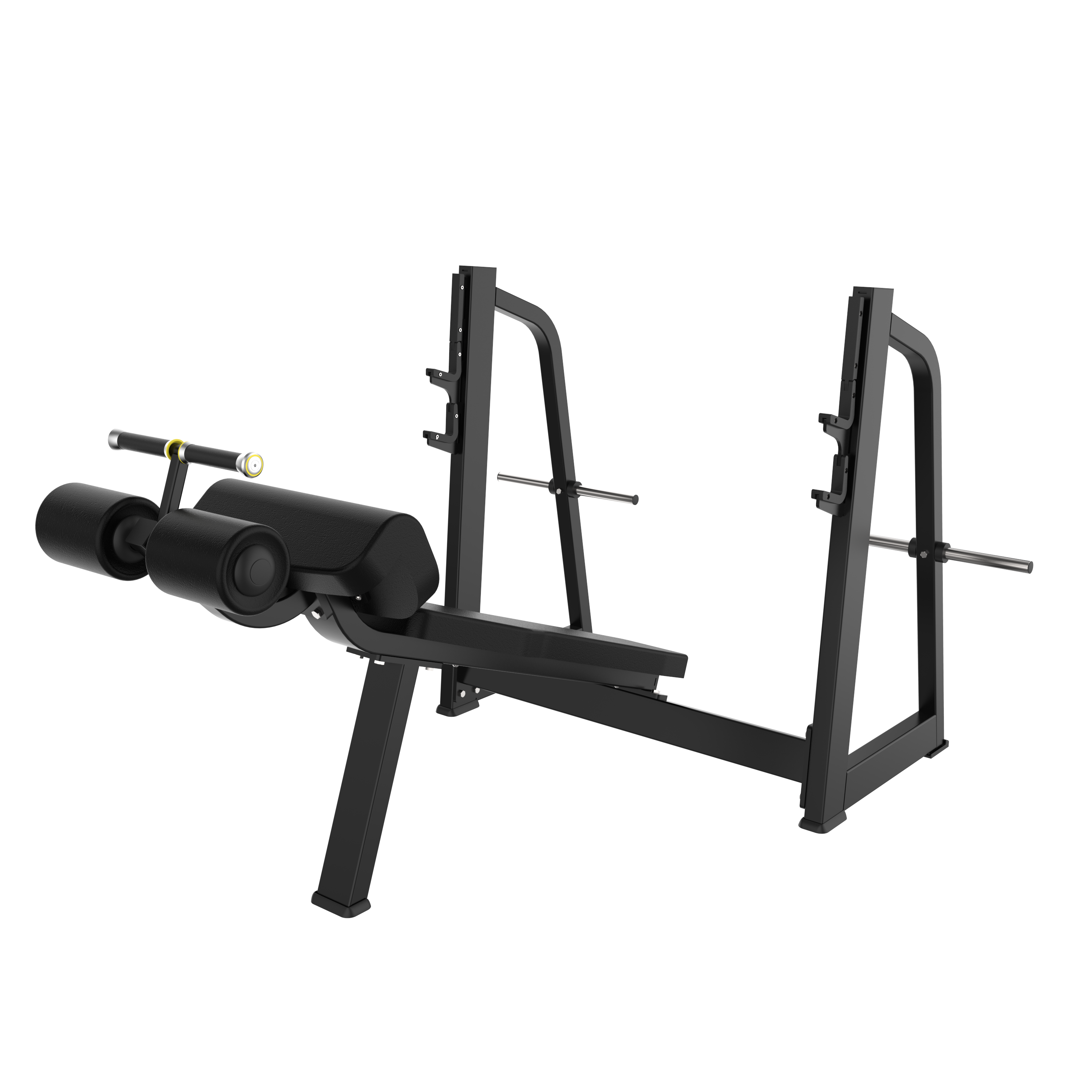 The BefitNow Canada TB41 Olympic Decline Bench is a black bench press station with padded bench, leg rollers, and upright barbell supports. Dimensions: 81"x65"x48". Weight: 172 lbs. Shown against a plain white background.