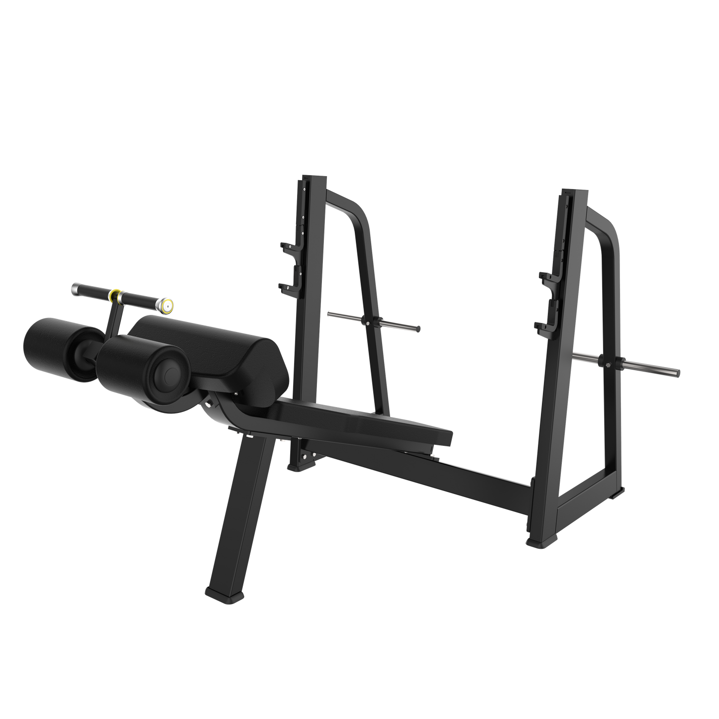 The BefitNow Canada AR41 Olympic Decline Bench, shown on a white background, features a black padded seat, leg rollers, attached barbell rack, and is designed for bench press/strength training. Weight: 172 lbs; Dimensions: 81"x65"x48".