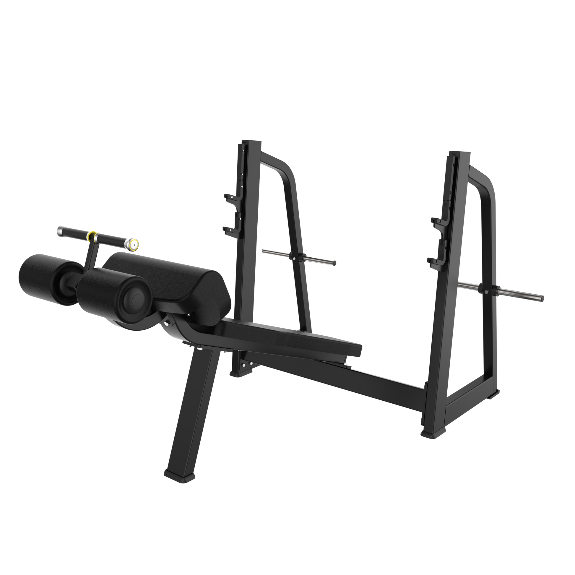 The BefitNow Canada AR41 Olympic Decline Bench, shown on a white background, features a black padded seat, leg rollers, attached barbell rack, and is designed for bench press/strength training. Weight: 172 lbs; Dimensions: 81"x65"x48".