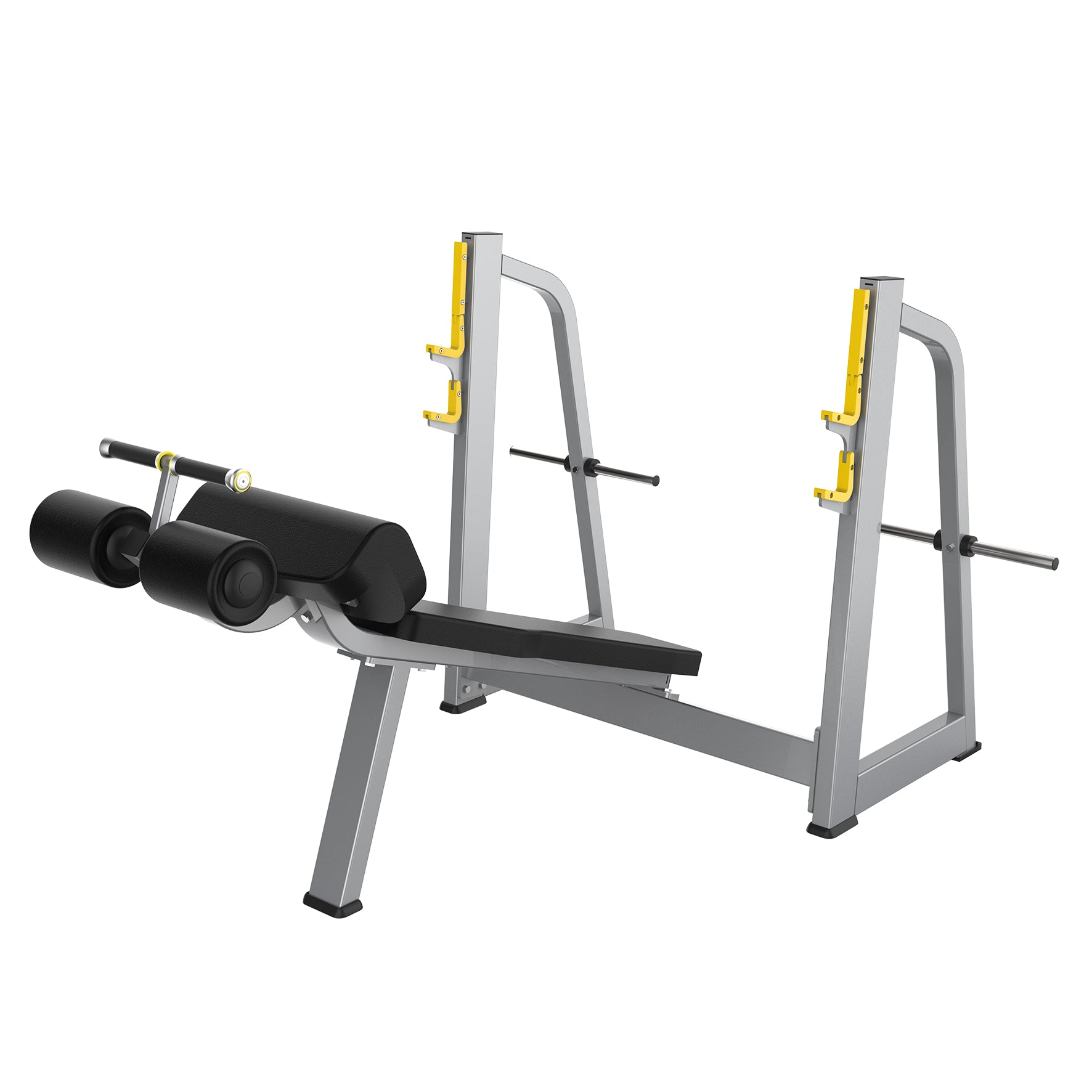 The BefitNow Canada TB41 Olympic Decline Bench features a padded seat, rollers, sturdy metal frame, barbell supports, and side weight storage pegs. Compact design is ideal for varied workouts and decline exercises.