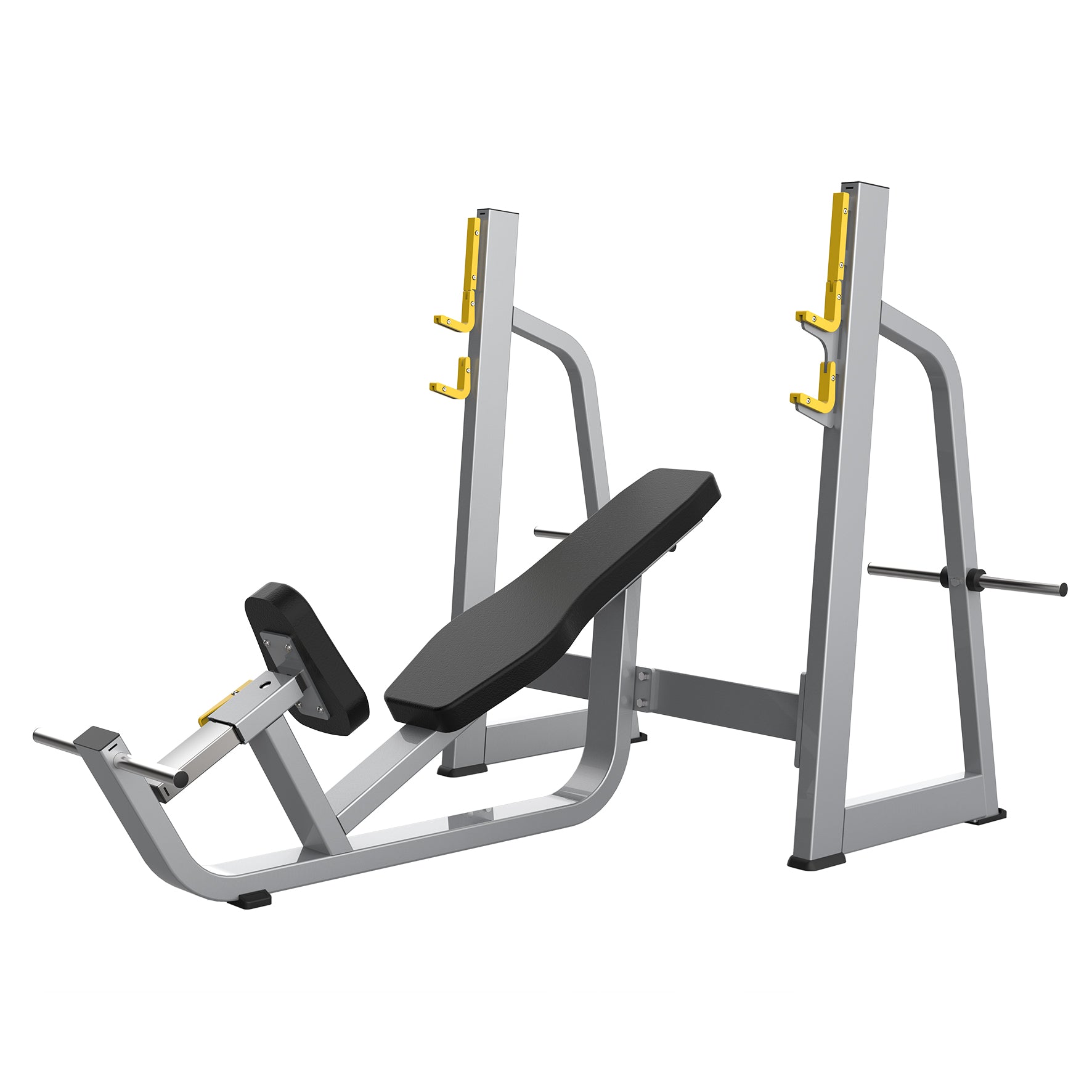 The BefitNow Canada TB42 Olympic Incline Bench features a silver and black design with two barbell racks, yellow hooks, and a padded backrest, offering sturdy support and stability for weightlifting in any gym.