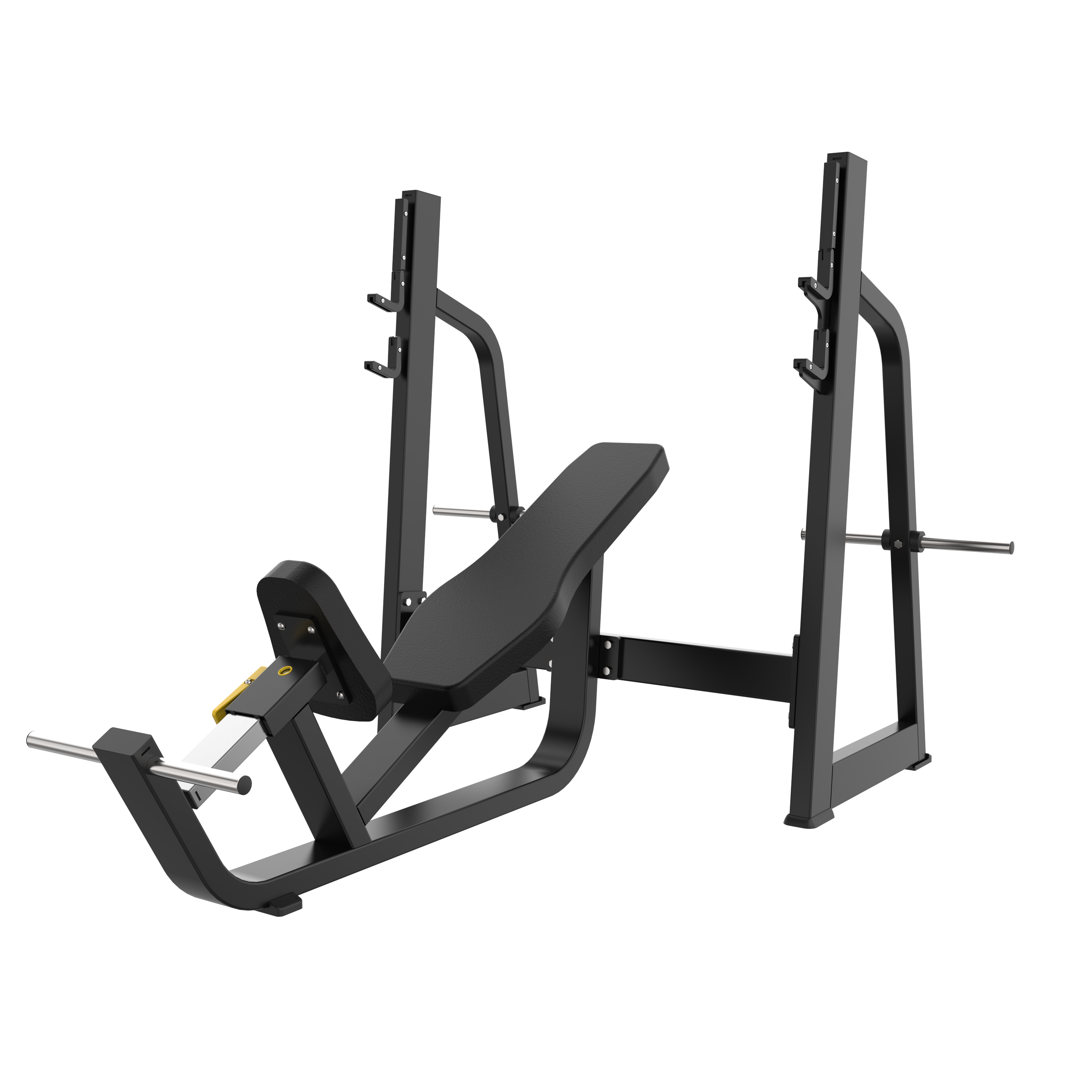 The BefitNow Canada TB42 Olympic Incline Bench features a padded bench, angled backrest, barbell rack, black frame, weight plate supports, measures 78"x65"x55", and weighs 181 lbs—perfect for strength training.