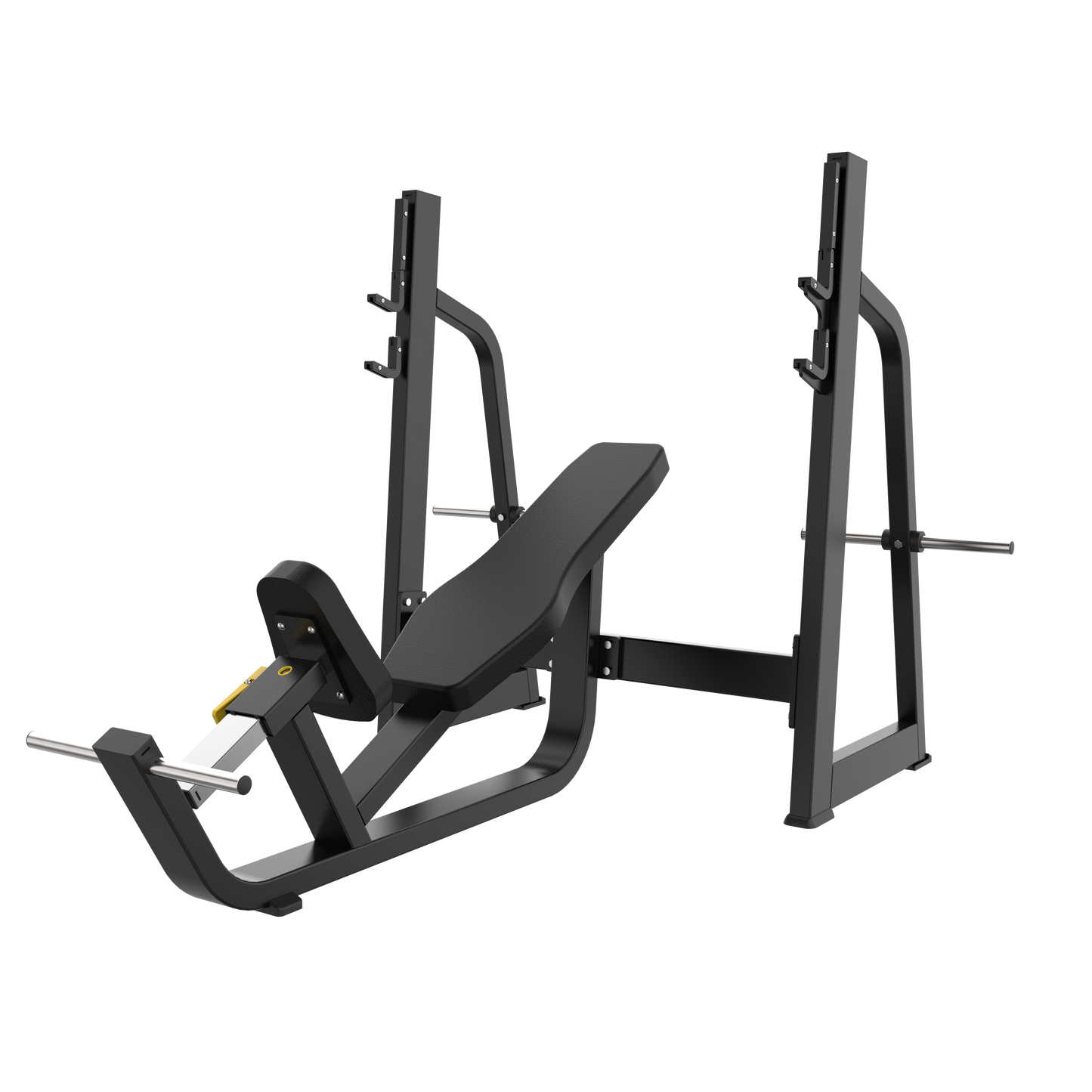 The AR42 Olympic Incline Bench by BefitNow Canada features a black padded bench, angled backrest, and barbell holders—ideal weightlifting equipment for any home gym. Shown on a plain white background.
