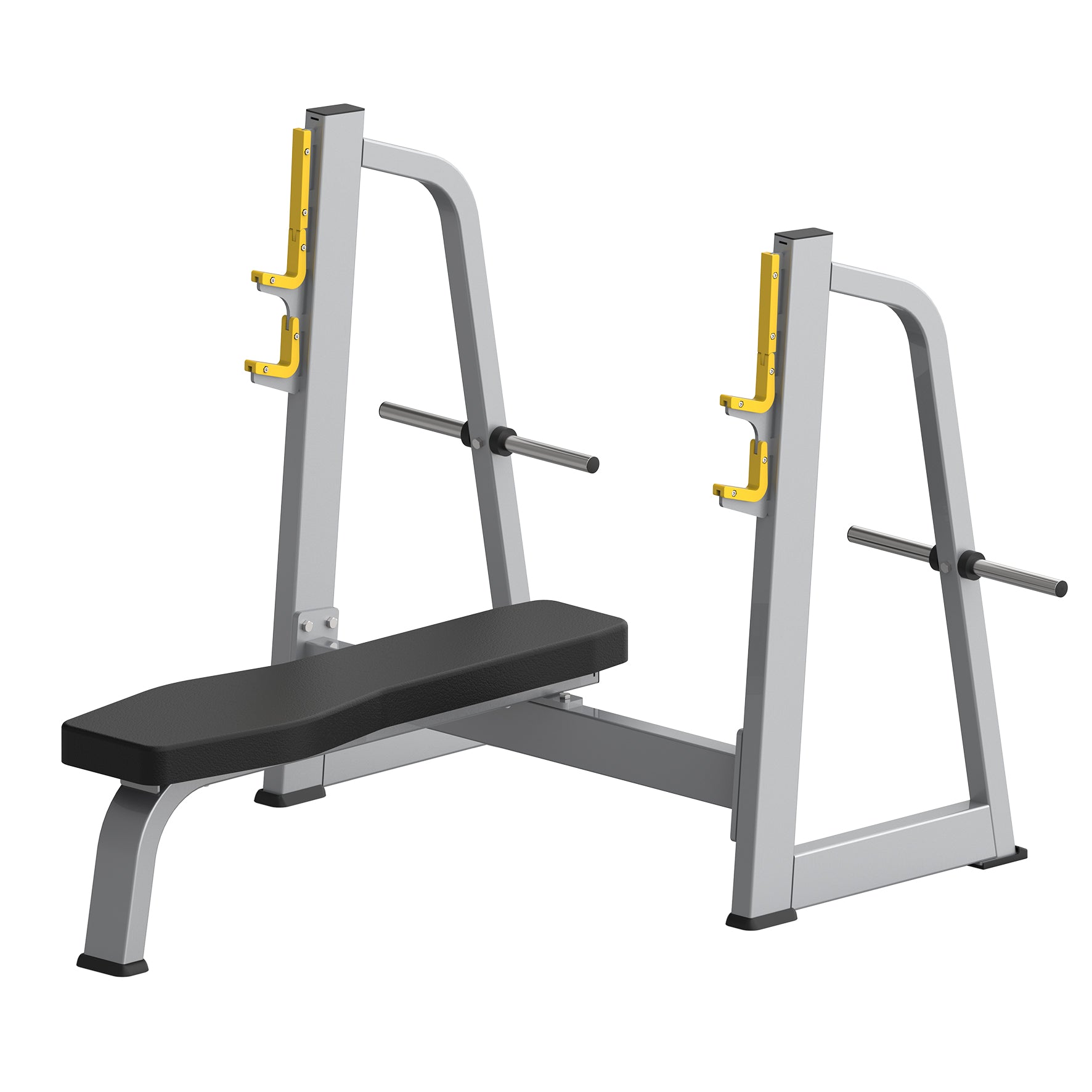 The BefitNow Canada TB43 Olympic Flat Bench features a sturdy gray frame, black padding, attached barbell rack with yellow safety hooks, side plate holders, and optimal dimensions for safe bench press workouts.