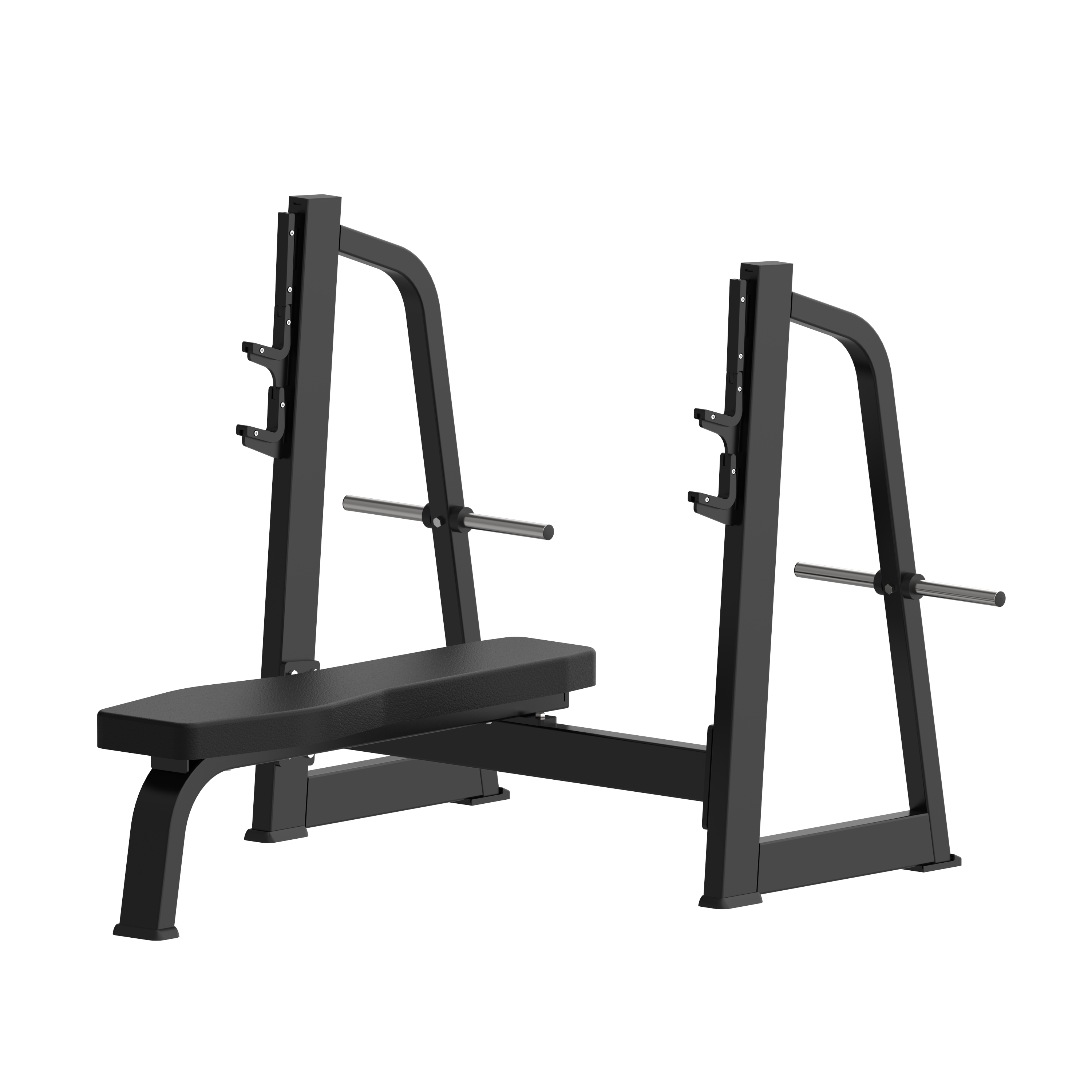 The BefitNow Canada TB43 Olympic Flat Bench is a black flat weight bench with an attached barbell rack, measuring 66"x65"x48" and weighing 28lbs, shown against a plain white background.