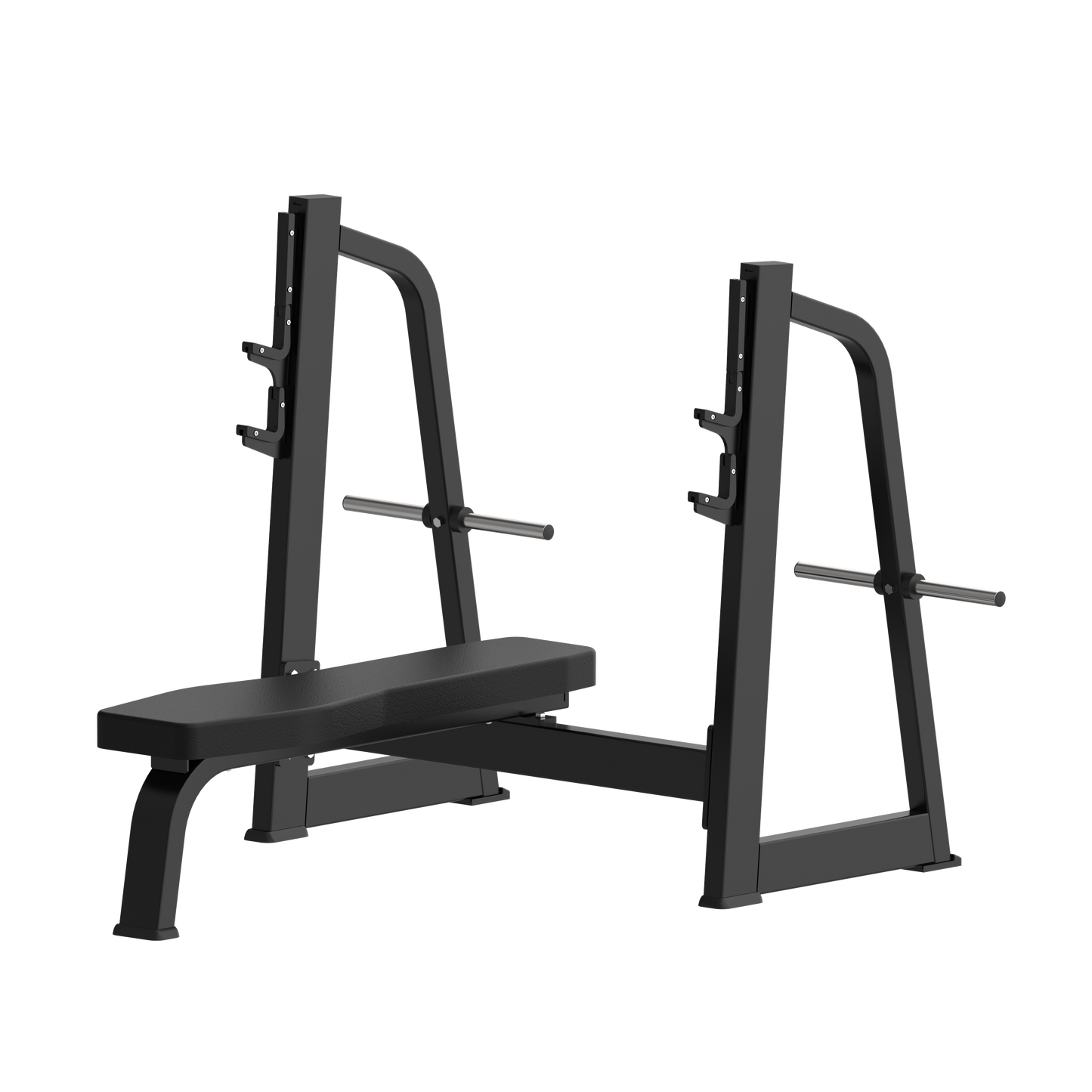 The BefitNow Canada AR43 Olympic Flat Bench is a black, flat weight bench with an attached barbell rack, built for bench pressing. It weighs 28lbs and measures 66"x65"x48", shown on a plain white background.