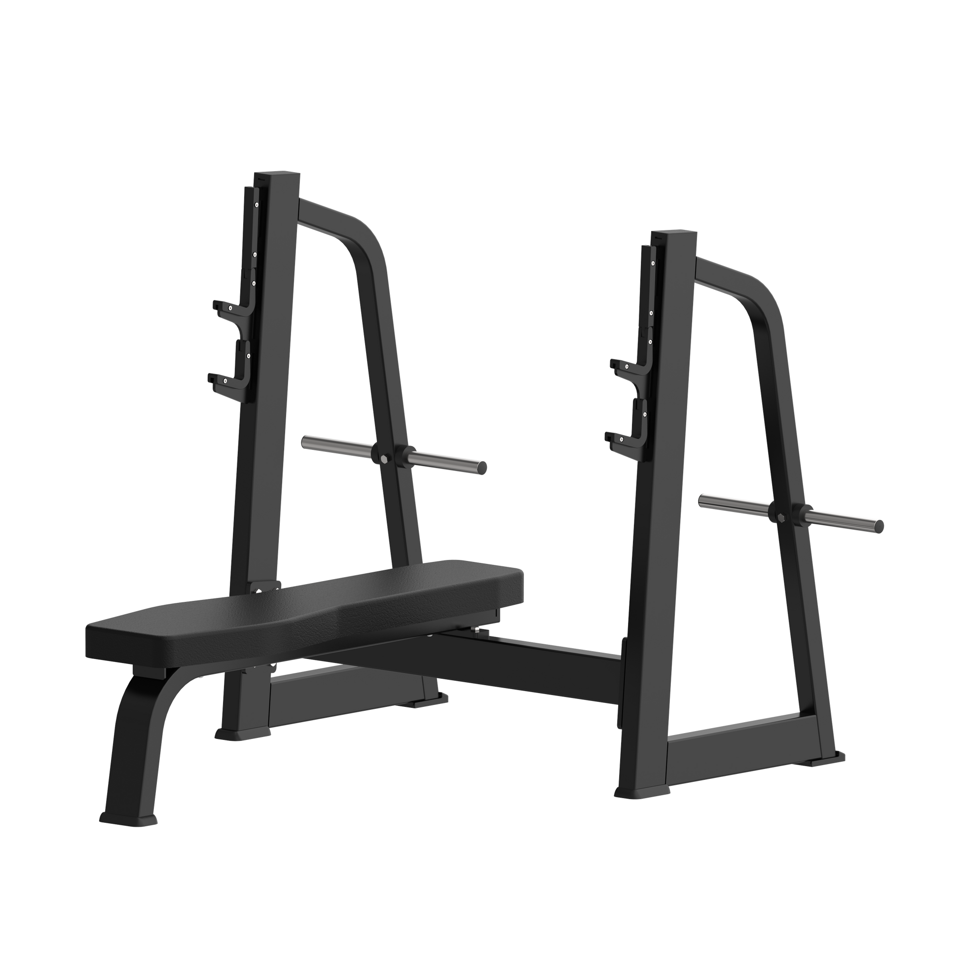 The BefitNow Canada AR43 Olympic Flat Bench is a black, flat weight bench with an attached barbell rack, built for bench pressing. It weighs 28lbs and measures 66"x65"x48", shown on a plain white background.