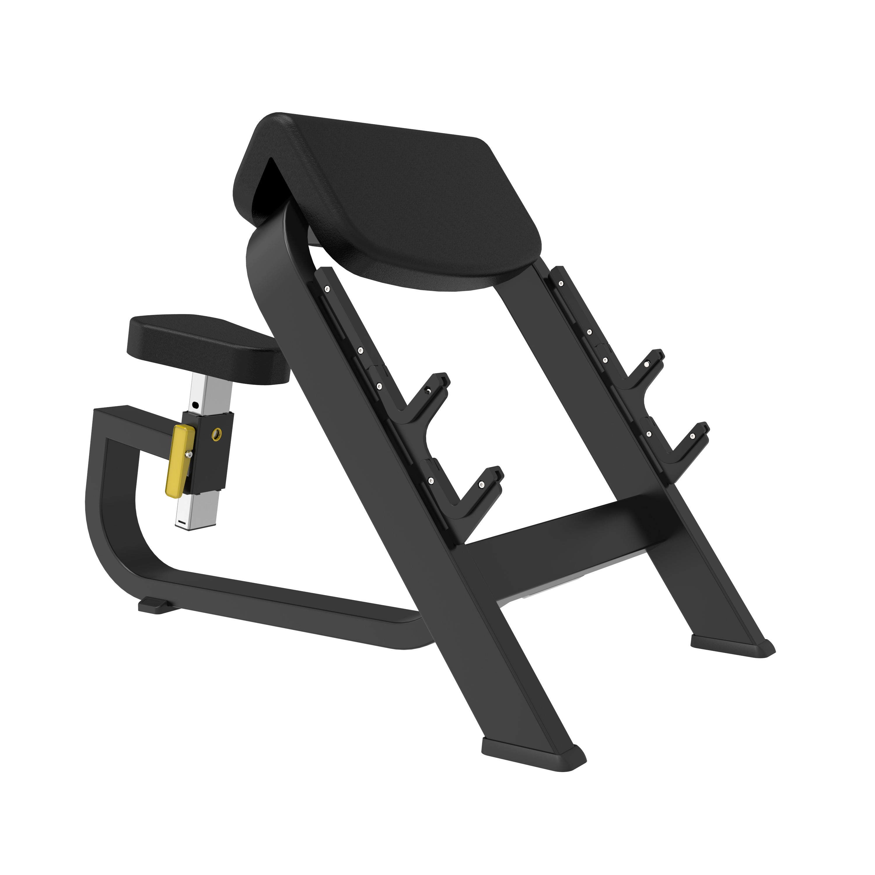 The BefitNow Canada TB44 Seated Preacher Curl is a 101lb black bench with padded armrest, adjustable seat, and angled barbell holders (53"x30"x37"), designed for bicep workouts, shown against a plain white background.