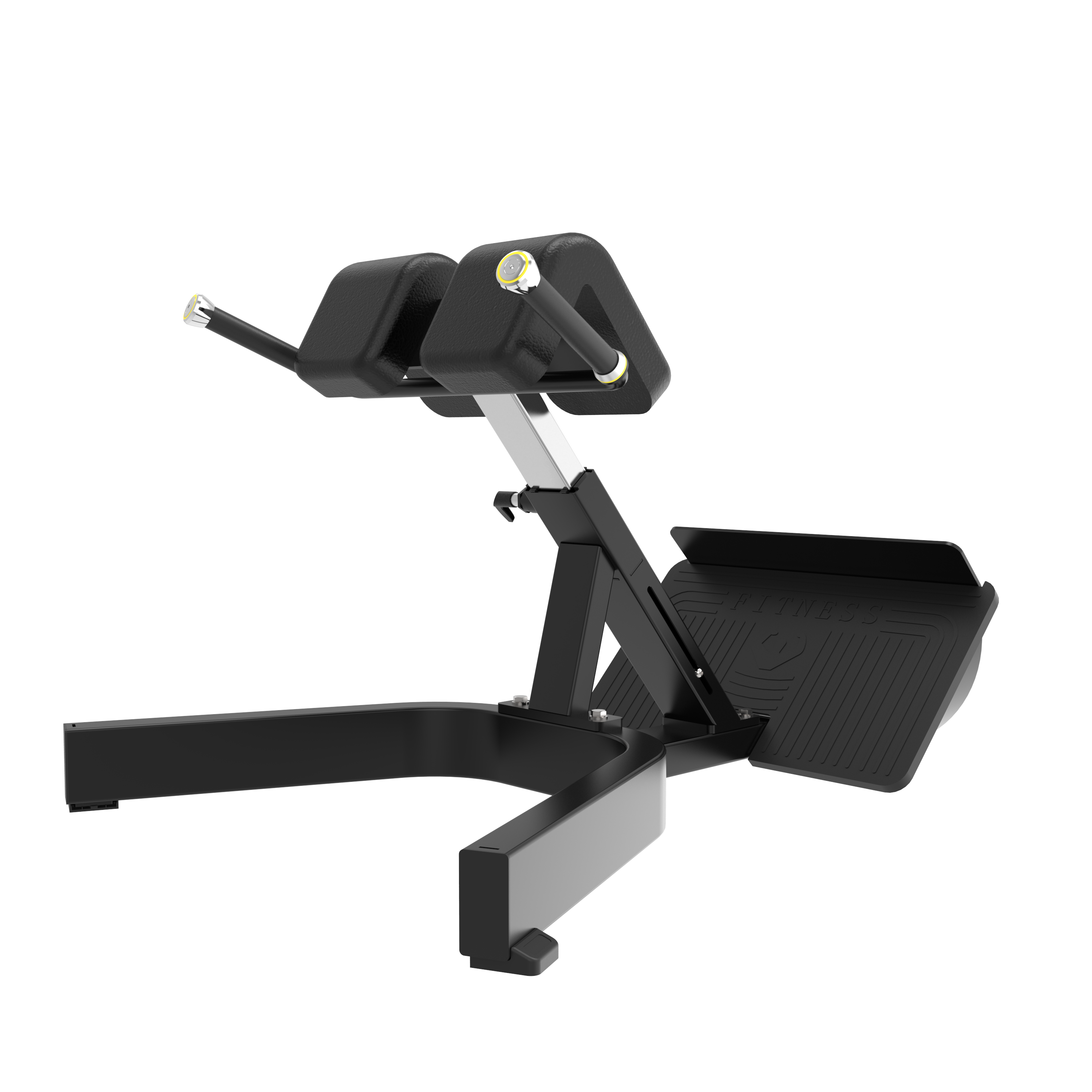 The BefitNow Canada TB45 Back Extension is a black and silver gym machine with padded supports and footplate for back extensions or glute ham raises. It weighs 99 lbs, measures 44x36x30, and is shown against a plain white background.