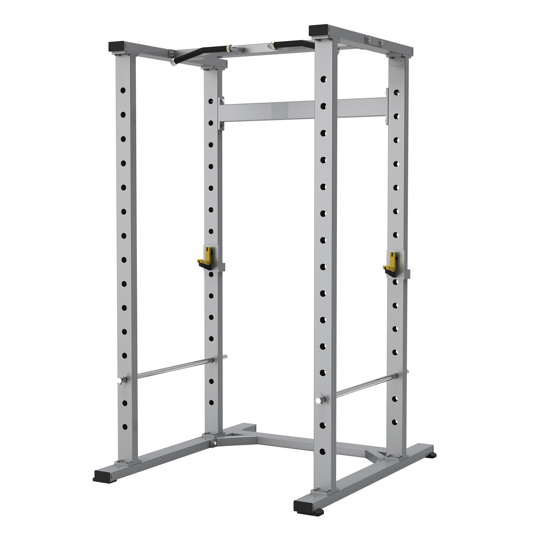 The TB48 Power Cage by BefitNow Canada is a silver metal rack with multiple adjustment holes, safety bars, and two yellow barbell holders. Its sturdy build makes it ideal for weightlifting and strength training exercises.
