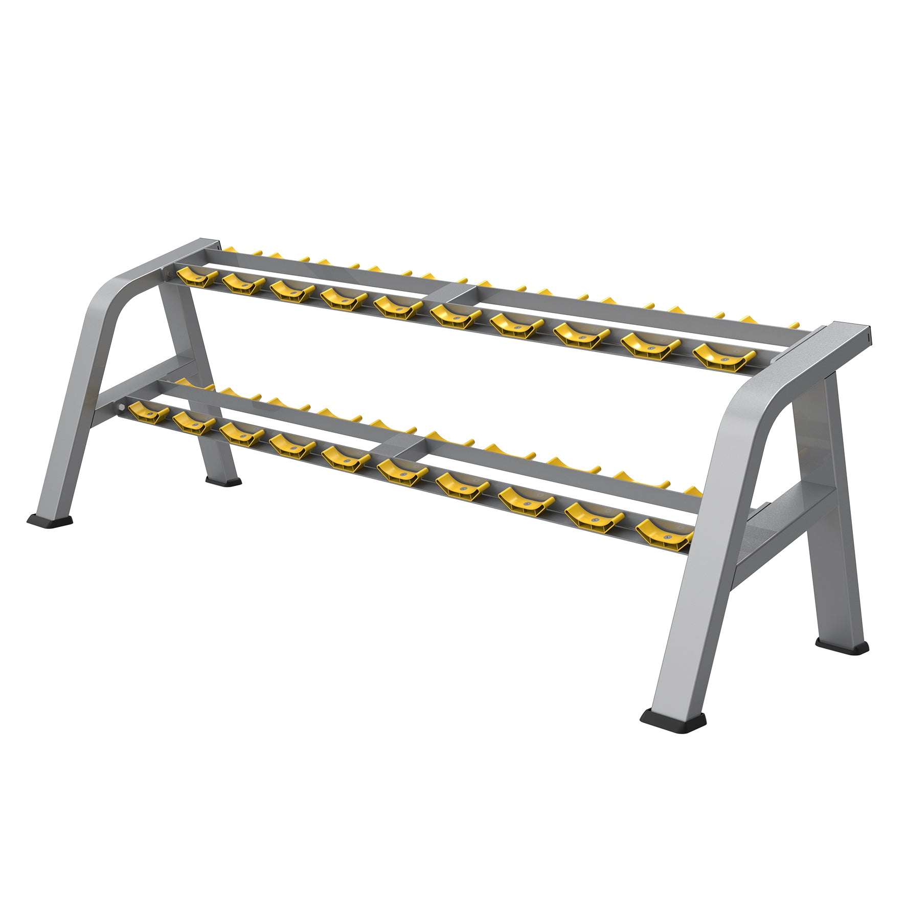 The BefitNow Canada TB49 Dumbbell Rack features a sturdy gray metal two-tier frame with yellow holders, efficiently stores multiple dumbbells of various weights, and offers compact storage ideal for any space.