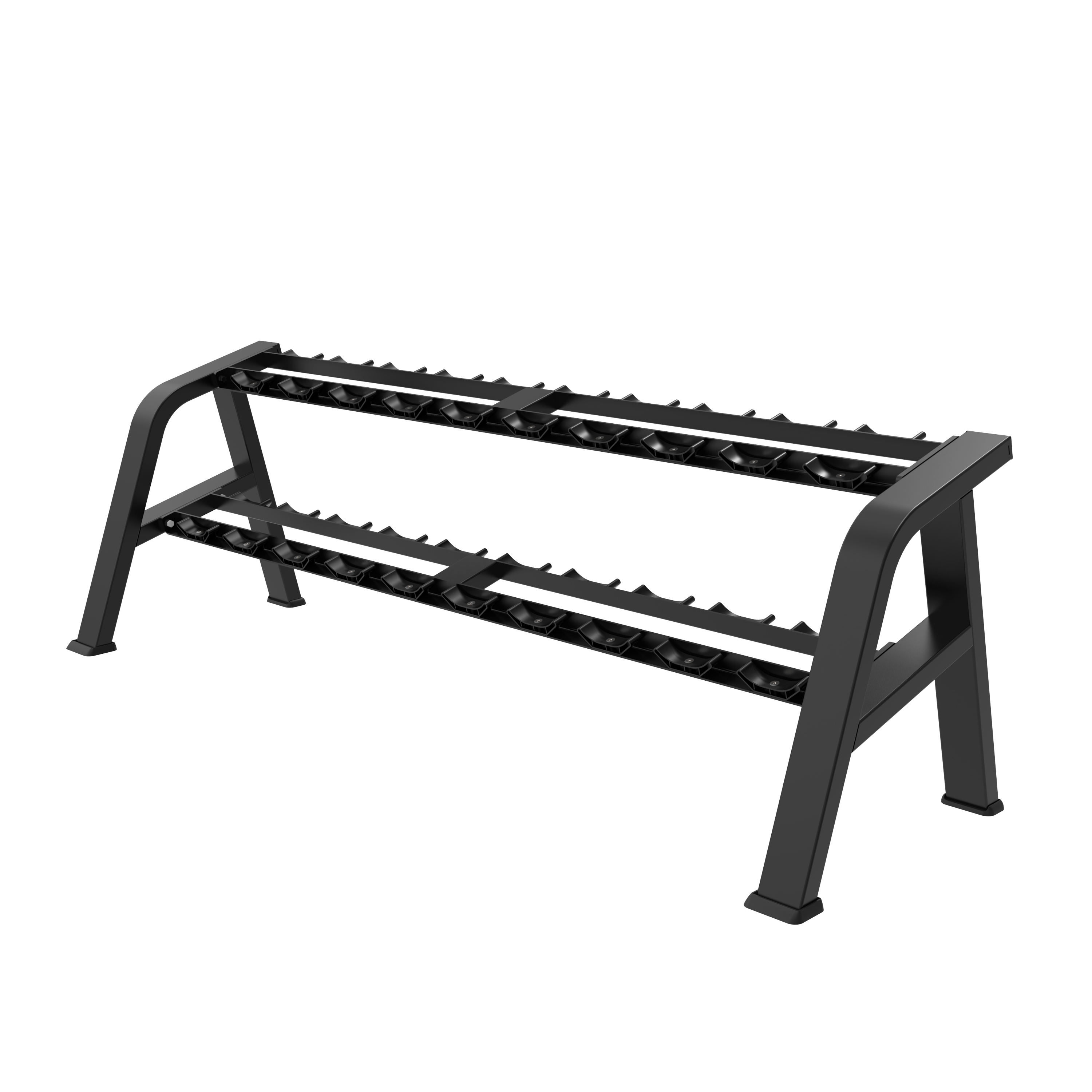 The BefitNow Canada TB49 Dumbbell Rack is a black, two-tiered metal rack with angled legs (98"x30"x32", 145 lbs), shown empty against a white background and designed for organized dumbbell storage in gyms.