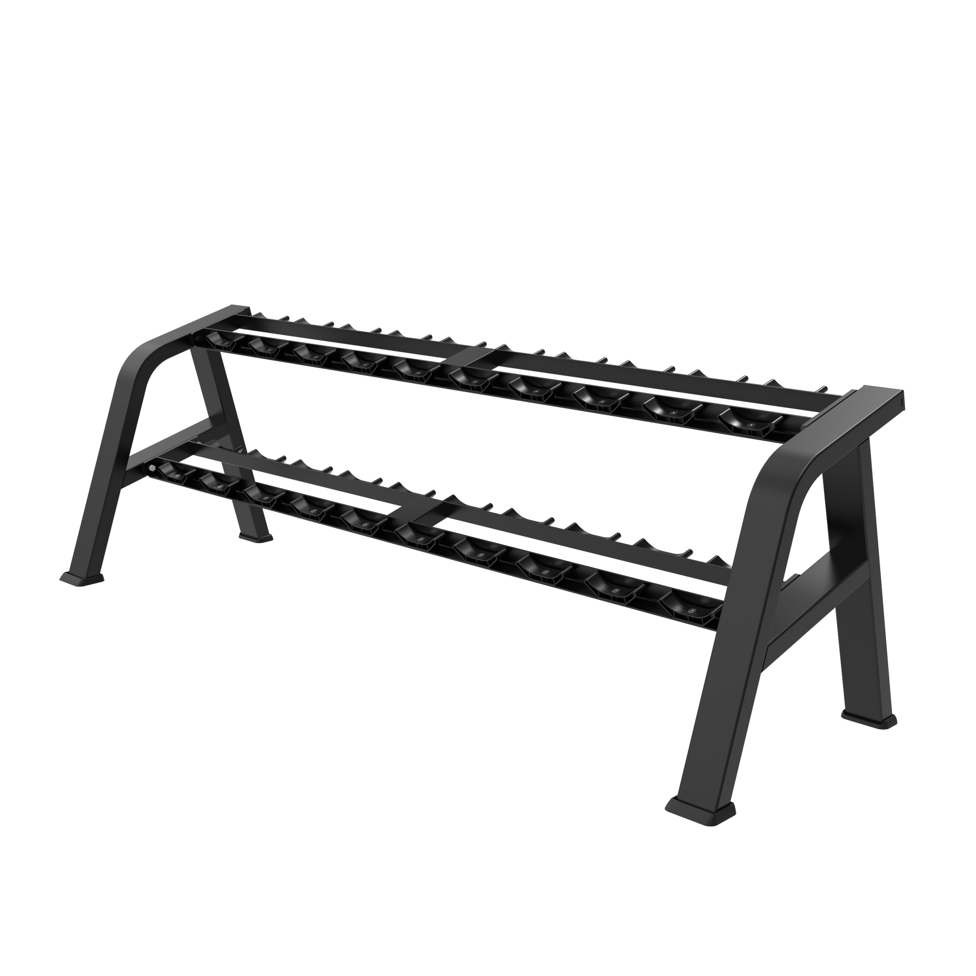 The BefitNow Canada AR49 Dumbbell Rack is a two-tier black metal rack with angled shelves, measuring 98"x30"x32", designed to hold multiple dumbbells and displayed on a white background.