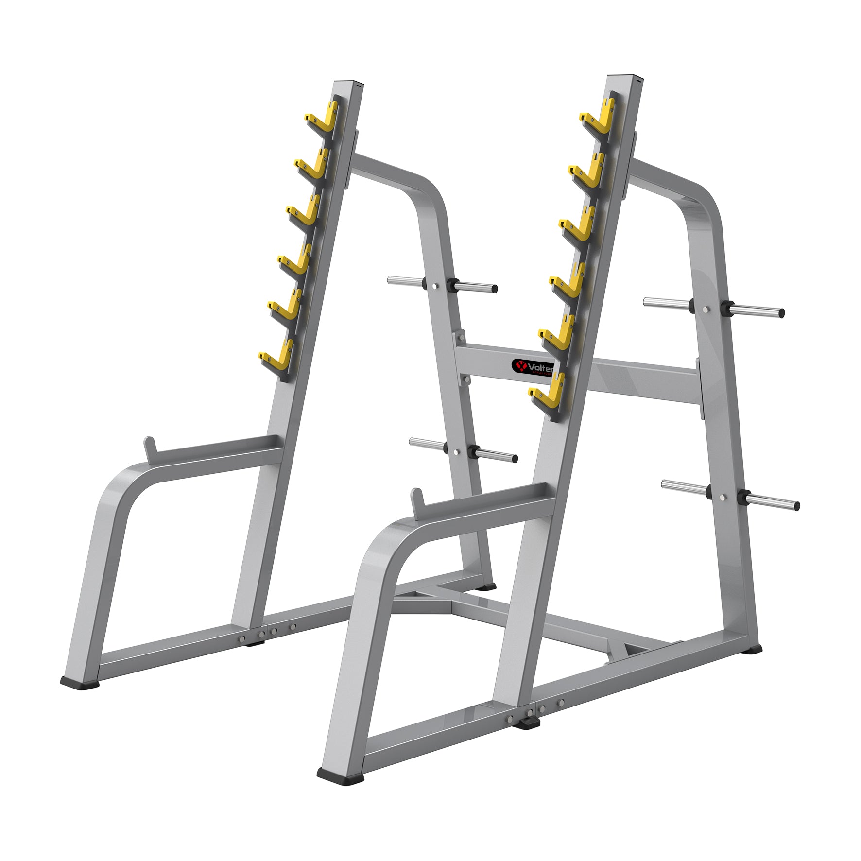 The BefitNow Canada TB50 Squat Rack features angled yellow barbell supports, horizontal weight plate holders, and a silver finish. Designed for strength training, its dimensions and weight ensure durability and stability.