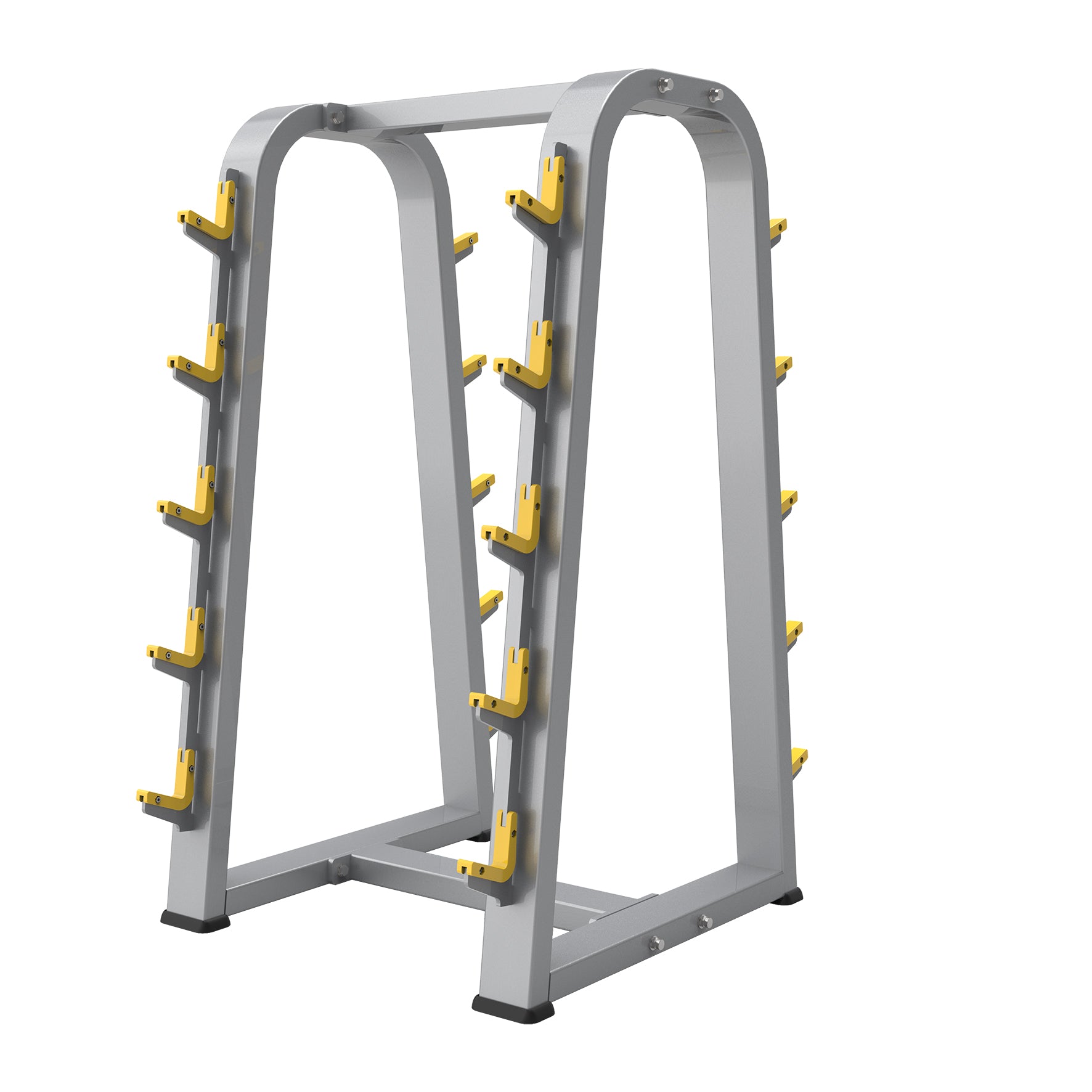 The BefitNow Canada AR55 Barbell Rack is a silver metal weight rack featuring angled yellow supports on both sides for holding barbells or weights. Weighing 152 lbs and measuring 39" x 32" x 57", it stands on a white background.