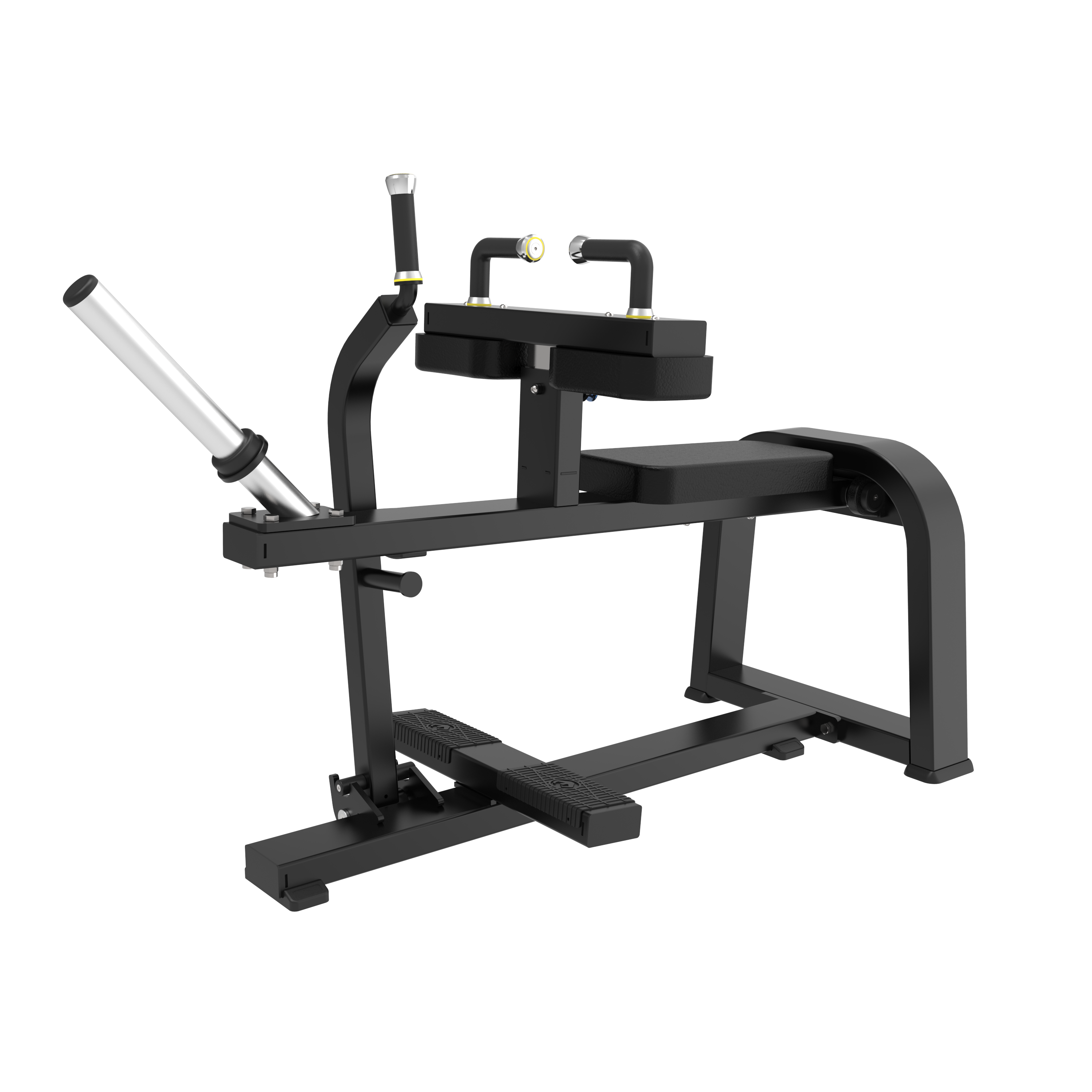 The BefitNow Canada TB62 Seated Calf is a black and silver gym machine with padded chest support, foot platforms, and a weight plate sleeve. It measures 57"x25"x39" and weighs 117 lbs.