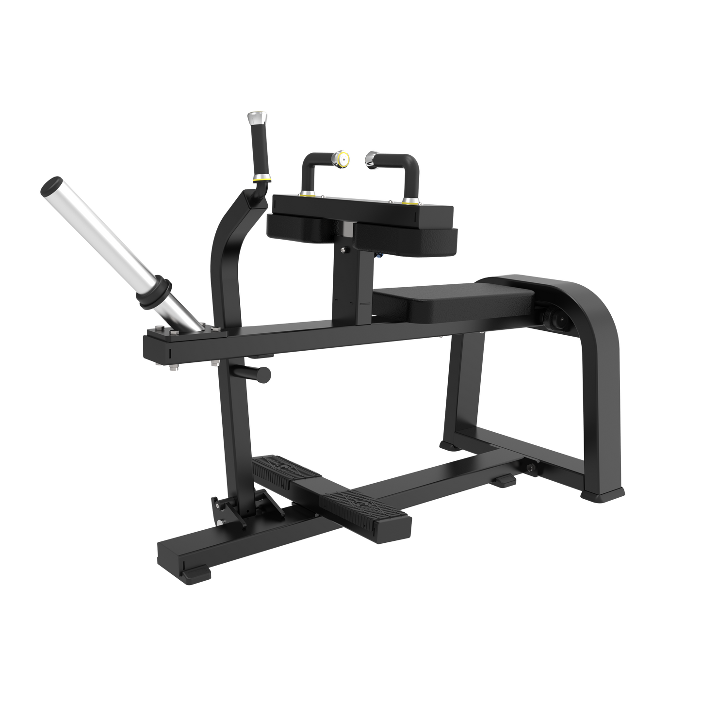 The BefitNow Canada AR62 Seated Calf is a black and silver machine with padded chest support, angled handles, footplate, and a horizontal bar for weights. Weighs 117lbs; measures 57"x25"x39". Shown on a plain white background.