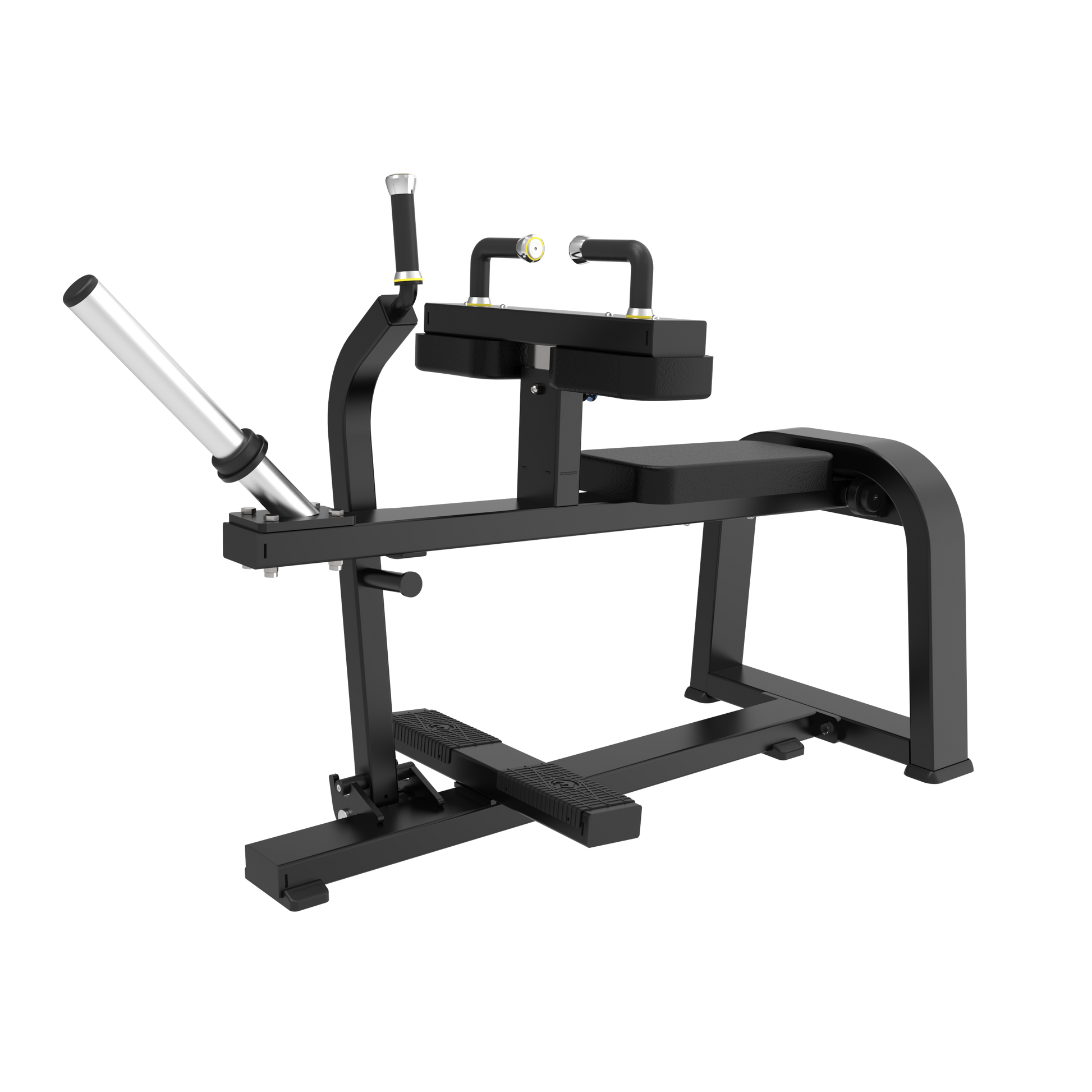 The BefitNow Canada AR62 Seated Calf is a black and silver machine with padded chest support, angled handles, footplate, and a horizontal bar for weights. Weighs 117lbs; measures 57"x25"x39". Shown on a plain white background.