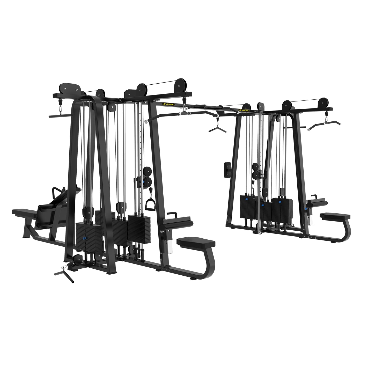 The BefitNow Canada AR64 Multi Jungle 8 Station is a large black metal fitness unit with cables, pulleys, weight stack, pull-up bars, and diverse handles for strength training with multiple workout stations for versatile exercise options.