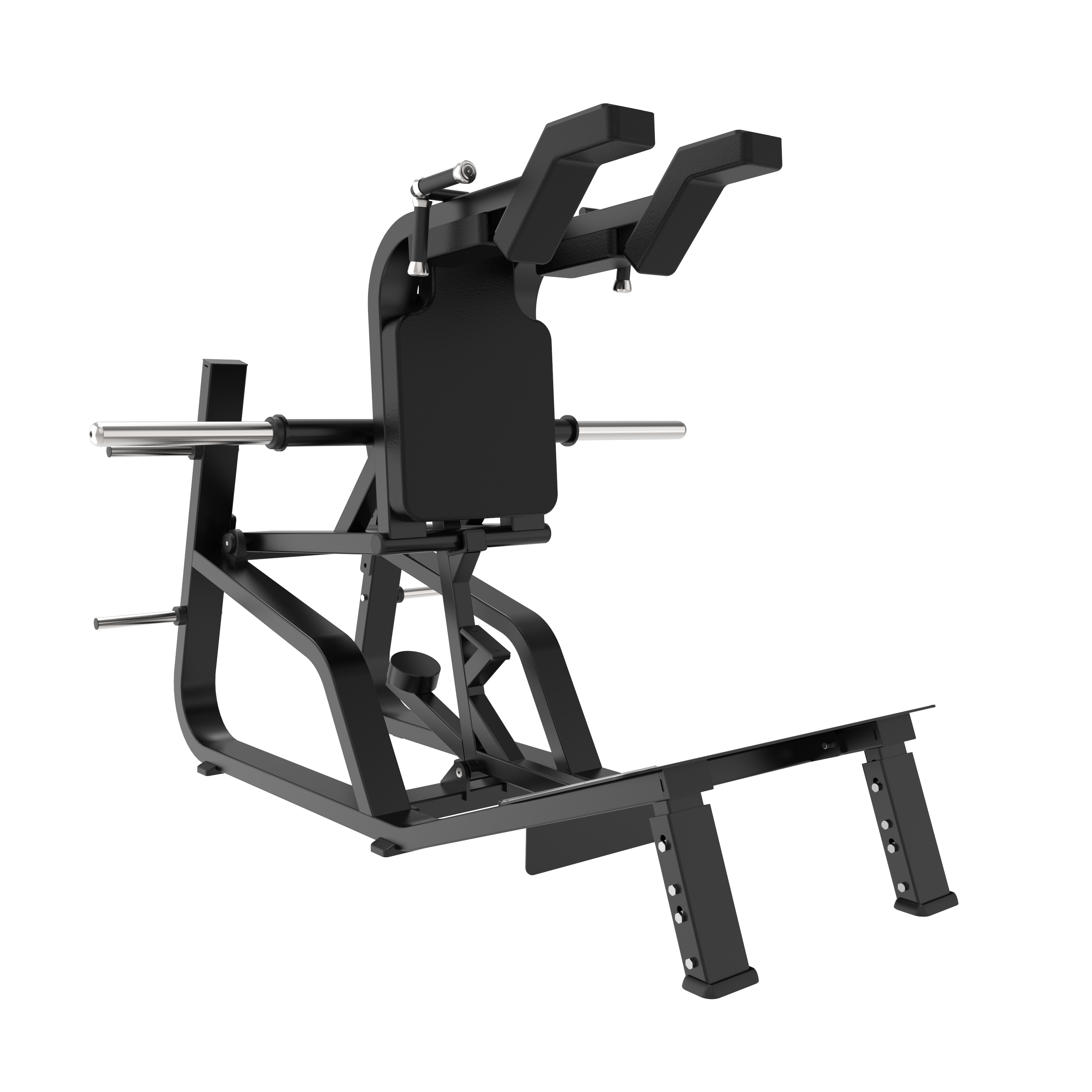 The BefitNow Canada TB65 Super Squat is a black metal hack squat machine with padded shoulders, backrest, and foot platform, measuring 78"x65"x57" and weighing 626lbs—ideal for lower body workouts.