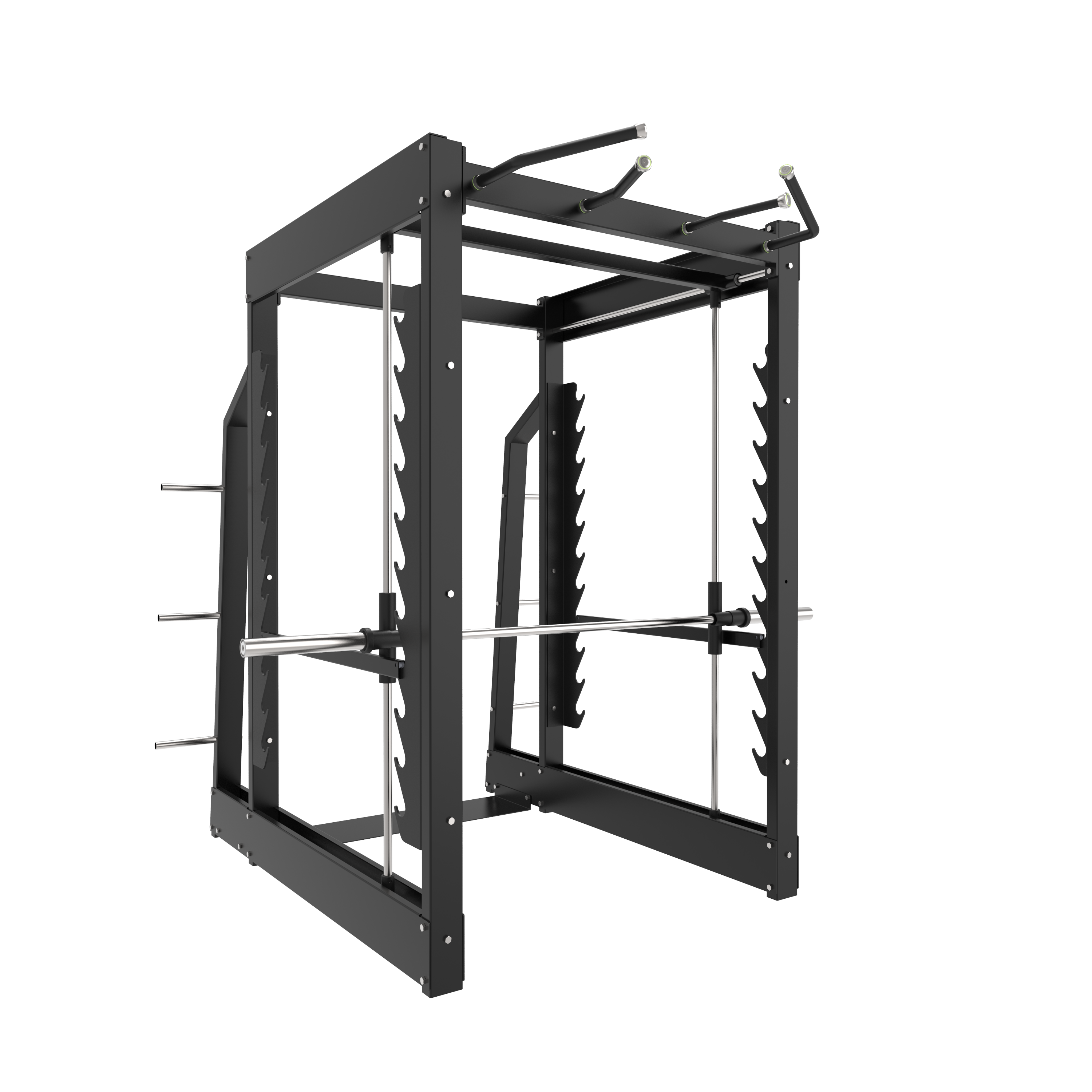 The BefitNow Canada TB73 3D Smith Machine is a black metal power rack with a pull-up bar, weight storage pegs, and barbell for weightlifting. It weighs 132 lbs and measures 87"x86"x89", shown on a plain white background.