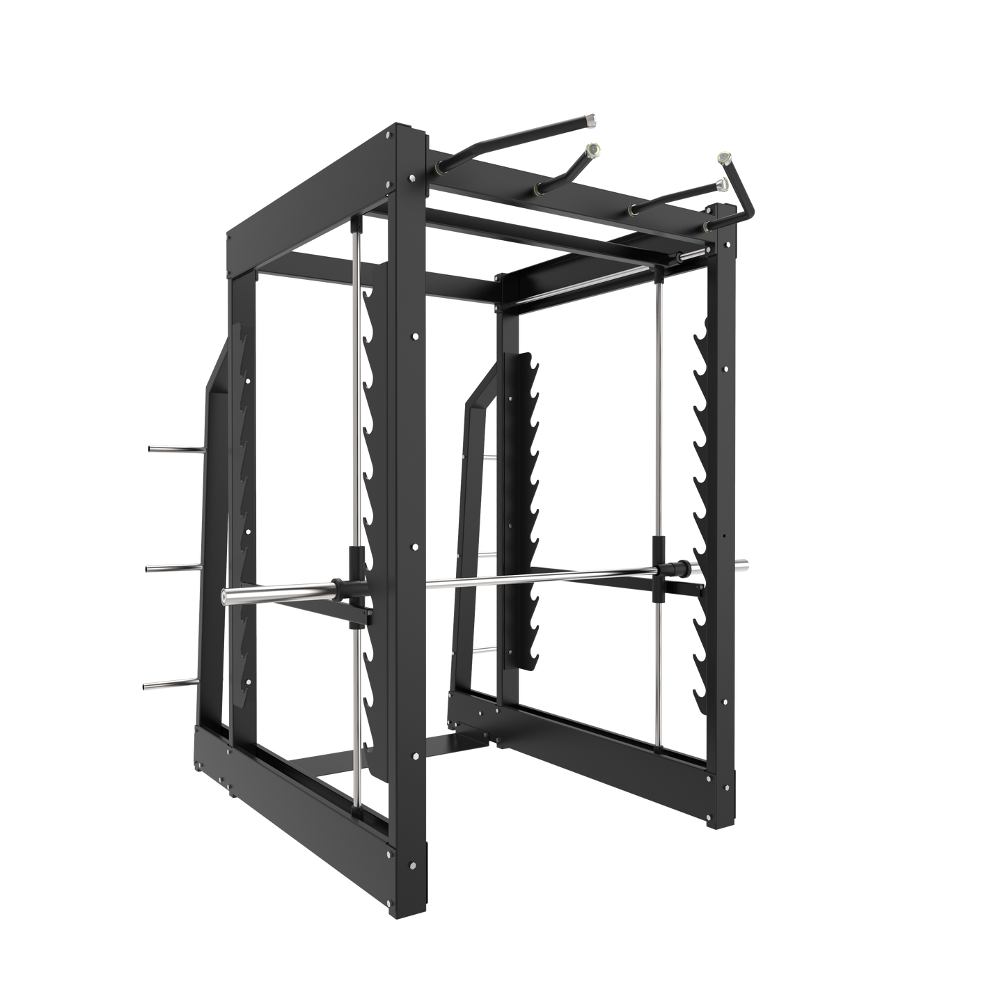 The BefitNow Canada AR73 3D Smith Machine is a black metal power rack with pull-up bars, safety arms, and a barbell for weightlifting. Dimensions: 87"x86"x89", weight: 132 lbs. Displayed on a plain white background.